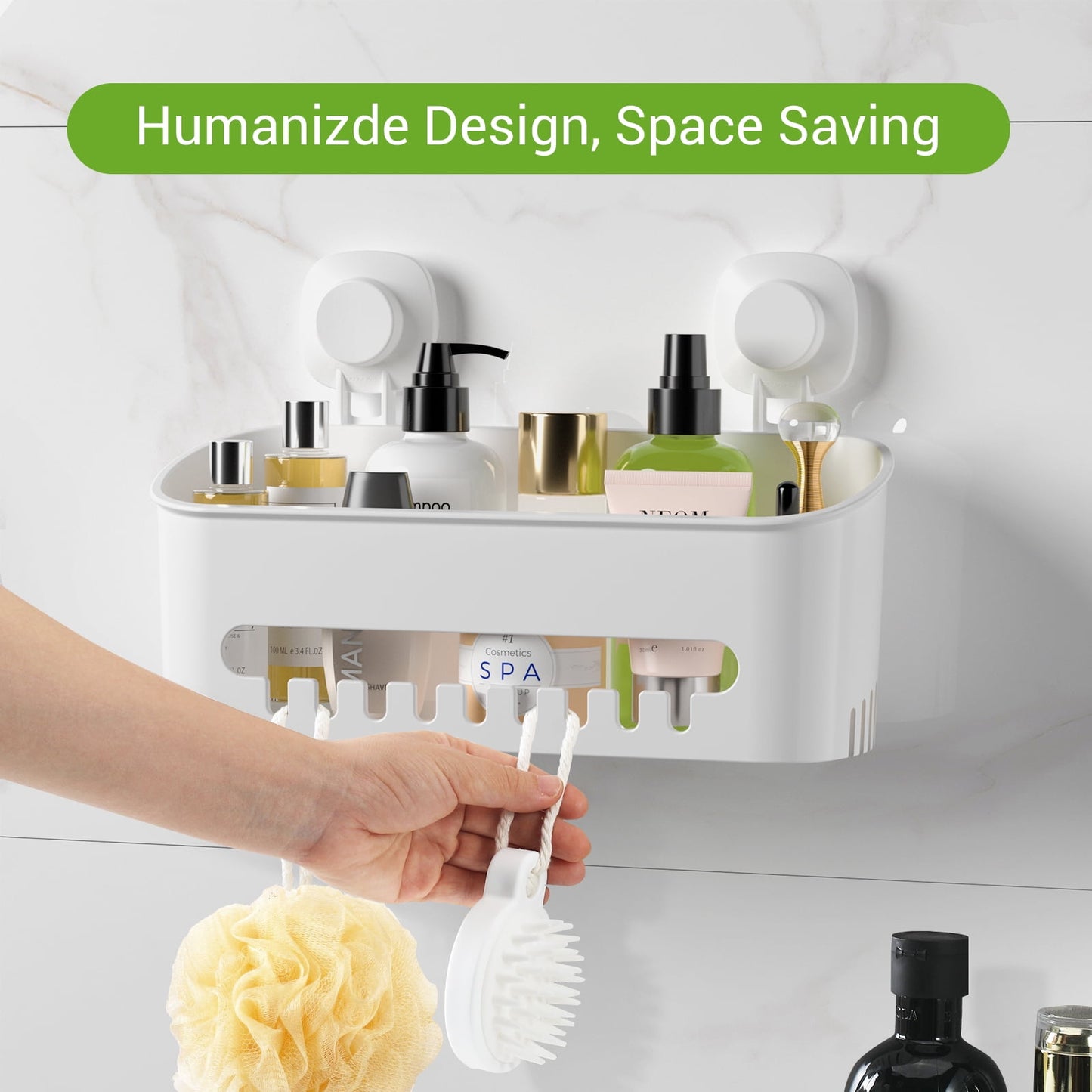 Aship Suction Cup Shower Caddy, No-Drill Removable Shower Organizer with Hook Slots, 22 lbs Heavy Duty Shower Storage, Waterproof Suction Shower Shelf for Bathroom Kitchen Wall, White