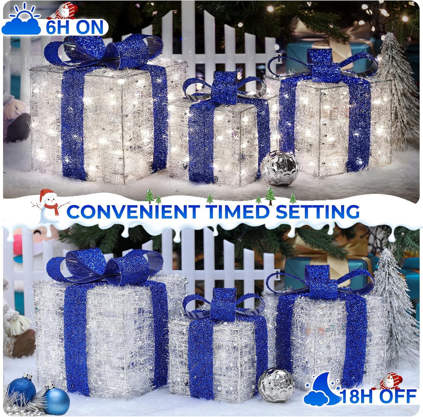 Aship Christmas Lighted Gift Boxes Blue, 8 Modes & Timing Function, Set of 3 Plug-in Lighted Gift Boxes with 140 LEDs for Christmas Decorations, Home Indoor Decor Party