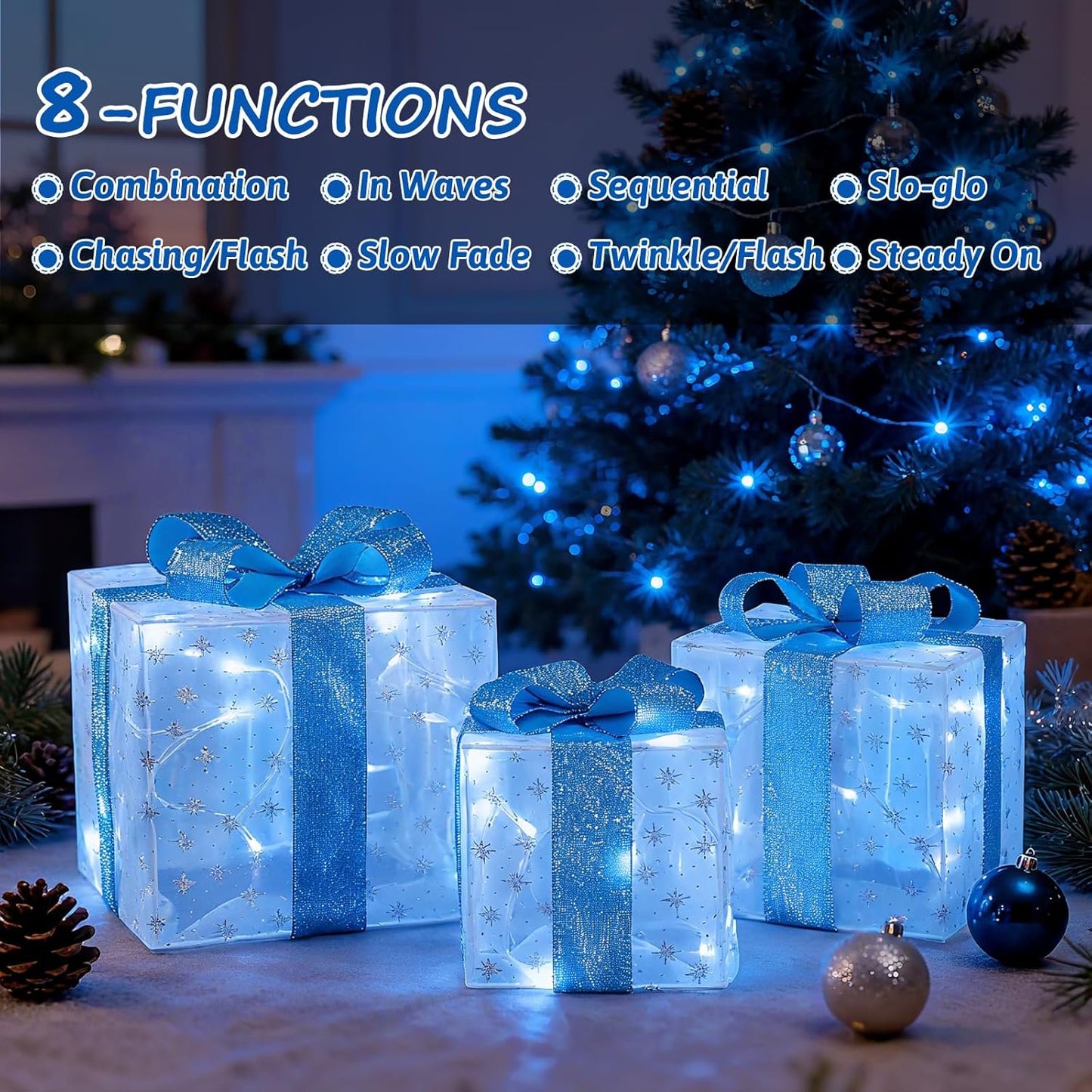 Aship Christmas Lighted Gift Boxes, Lighted Presents with 60 Cold White LEDs, 8 Flash Modes&Timer, Light up Gift Boxes with Plug for Christmas Tree Weddings Party Decorations 3 Pack