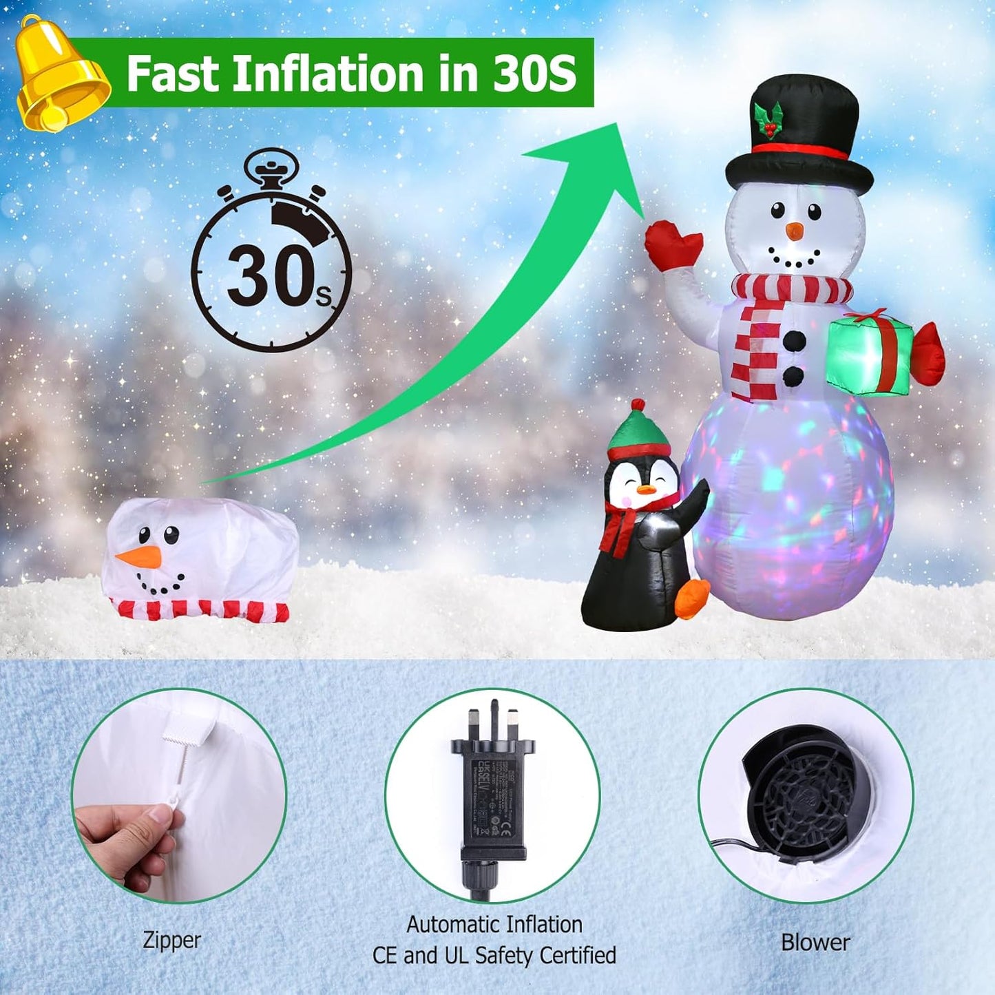 Aship 6FT Christmas Inflatables Snowman Outdoor Decorations, Snowman Inflatable with Build-in Rotating LED Light and Christmas Penguin Gift Box,Blow Up Yard Decor for Patio Lawn Garden Holiday Party