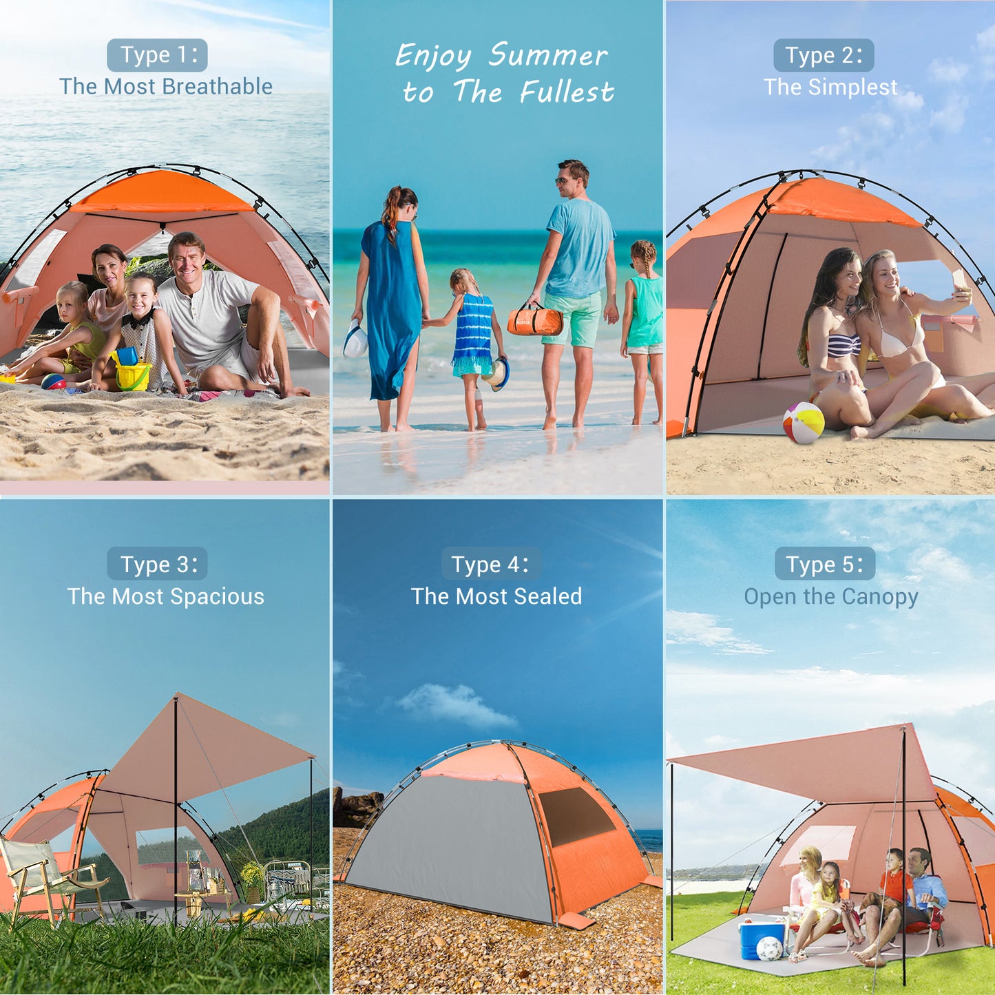 Aship Beach Tent, Spacious 4-5 Person Sun Shelter with Canopy, 360° Air Circulation UPF 50+ UV Protection Waterproof Portable Lightweight Tent for Beach