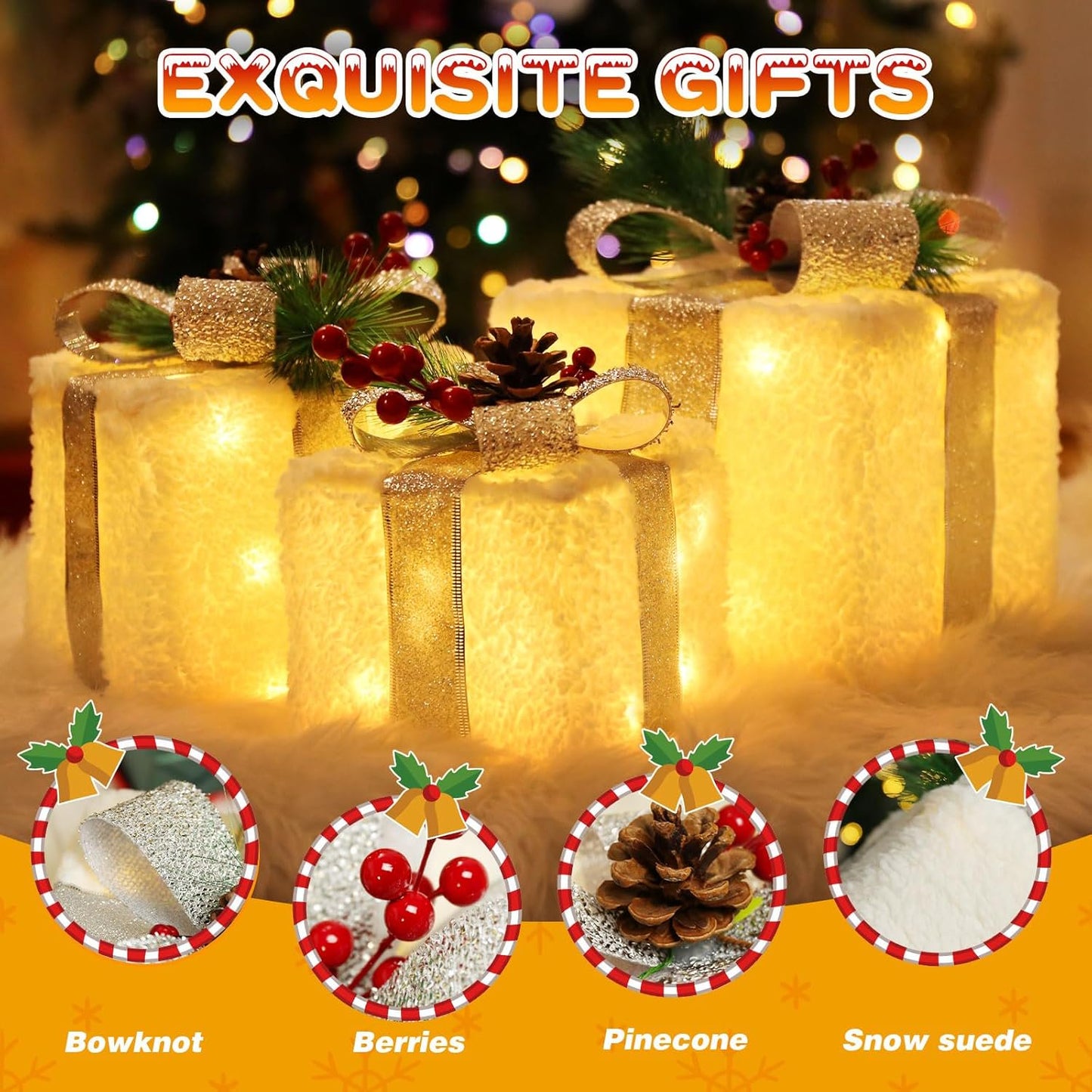 Aship Christmas Lighted Gift Boxes, Lighted Presents with 60 Lights, 8 Modes&Timer, Light up Gift Boxes with Plug for Christmas Tree Weddings Party Decorations 3 Pack