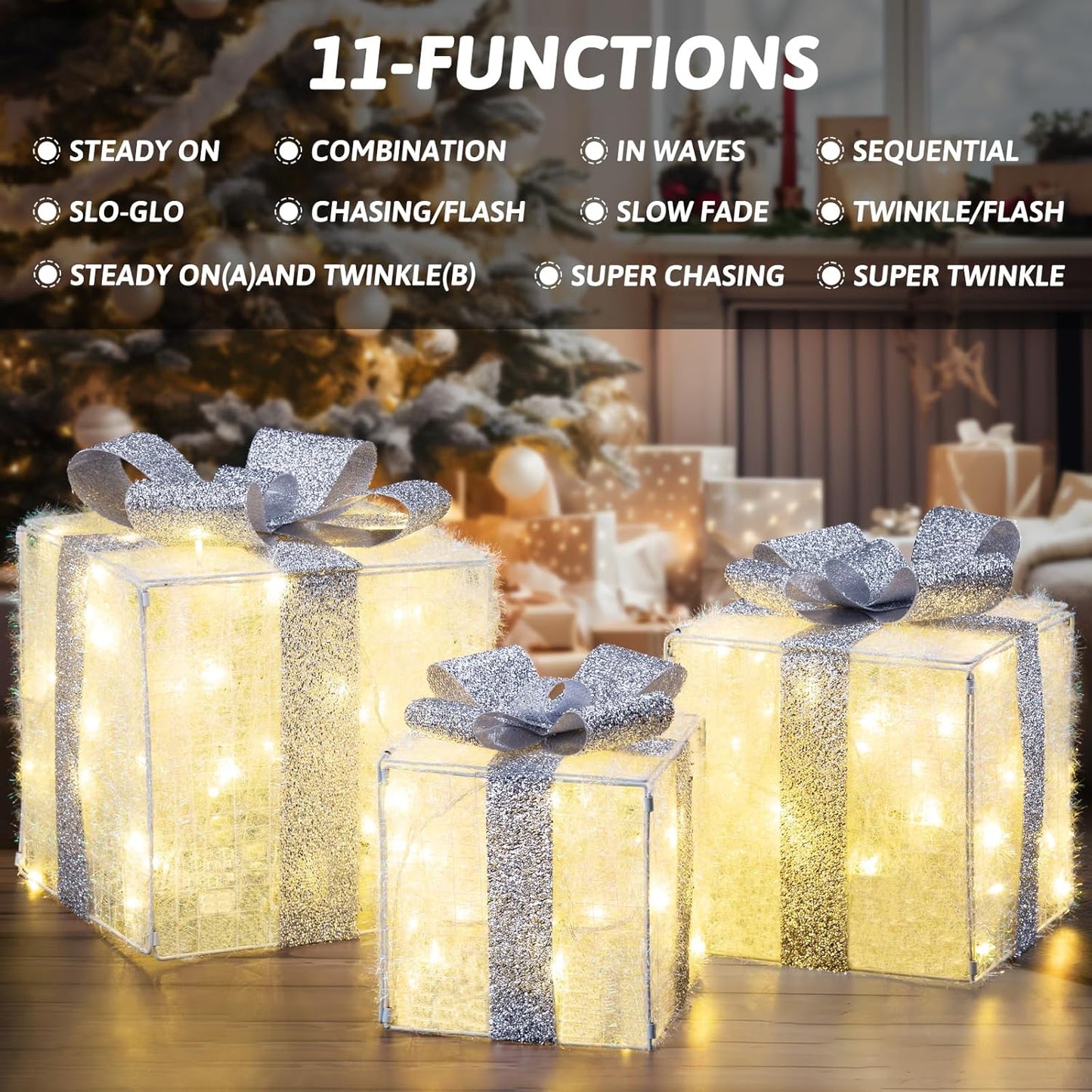 Aship Large Christmas Lighted Gift Boxes with 117 LED Lights, Plug-in Decorative Ornaments for Home, Parties, Holiday Use Perfect for Christmas, Valentine's Day, Birthdays(Silver)