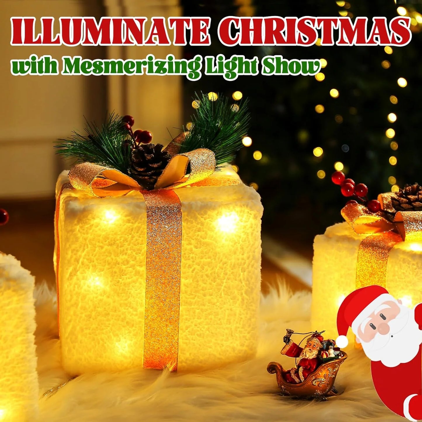 Aship Christmas Lighted Gift Boxes, Set of 3 Lighted UP Gift Boxes with 8 Modes & Timer, Champagne Gold for Indoor Outdoor Tree, Home Holiday Decor