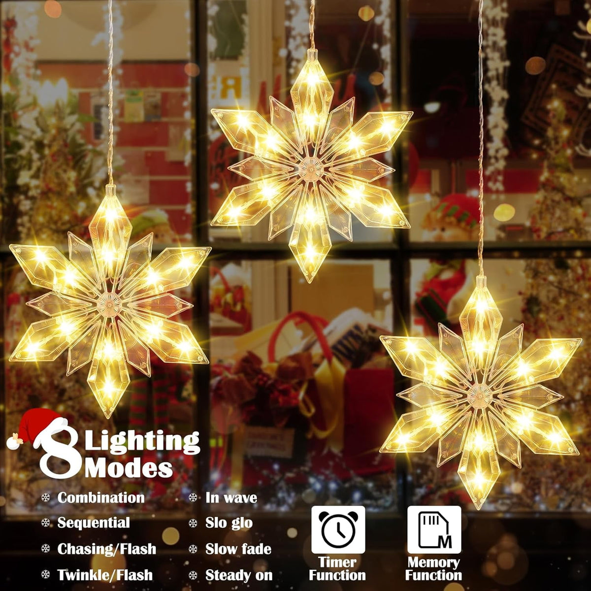 Christmas Snowflakes Window Lights, 3 Pack 36 LEDs Christmas Window Decoration with Timer Memory, Battery Operated Xmas Window Lights Hanging Indoor Decoration
