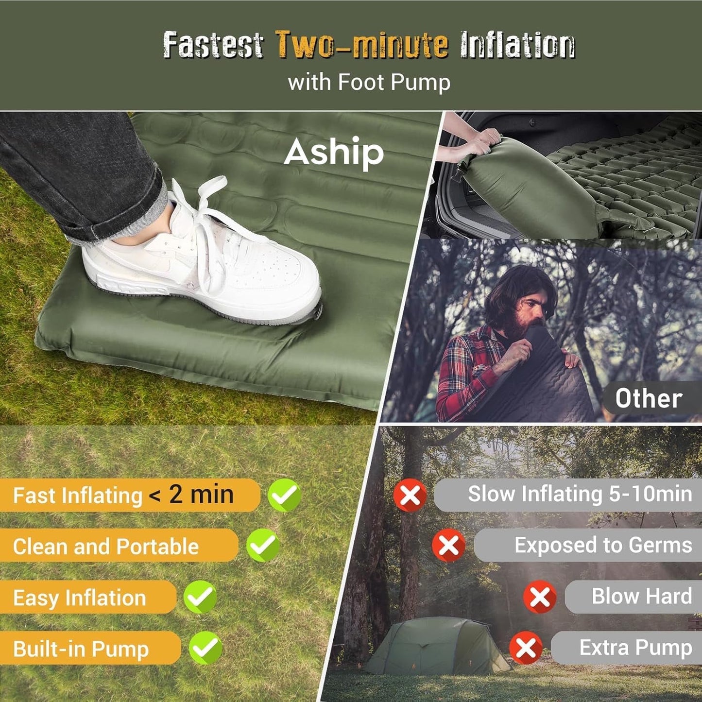 Aship 4.7" Thick Sleeping Pad for Camping, 500 lbs Camping Mattress with Foot Pump & Pillow, Upgraded Support Sleeping Mat Camping for Hiking Tent Backpack, 40D Nylon + TPU Coating, Single, Green