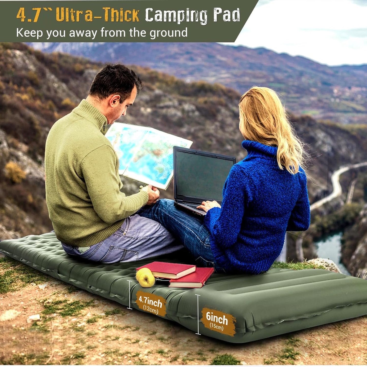 Aship 4.7" Thick Sleeping Pad for Camping, 500 lbs Camping Mattress with Foot Pump & Pillow, Upgraded Support Sleeping Mat Camping for Hiking Tent Backpack, 40D Nylon + TPU Coating, Single, Green