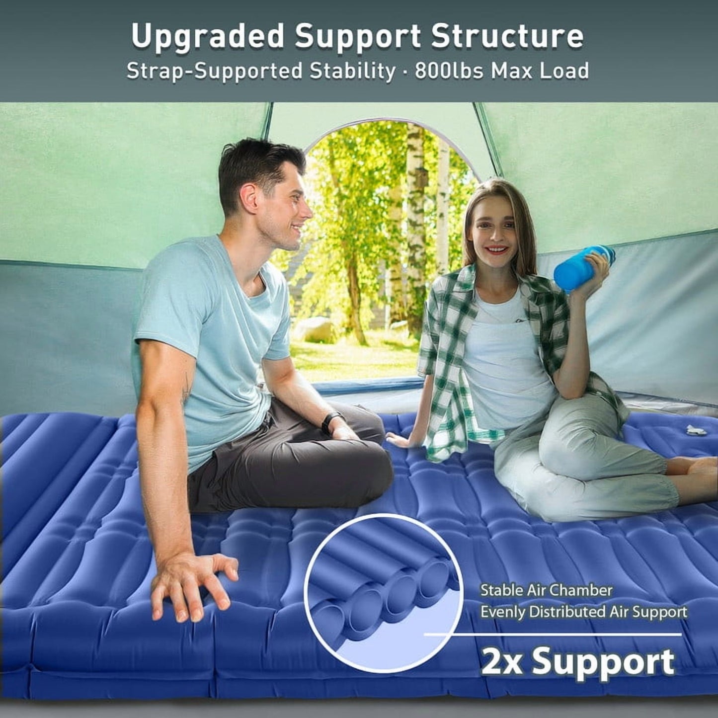 Aship 5.5" Thick Double Sleeping Pad, Inflatable Double Sleeping Mat Camping with Foot Pump & Pillow, 800 lbs Camping Mattress for Backpacking, Hiking, Traveling, Tent, 40D Nylon + TPU Coating, Blue