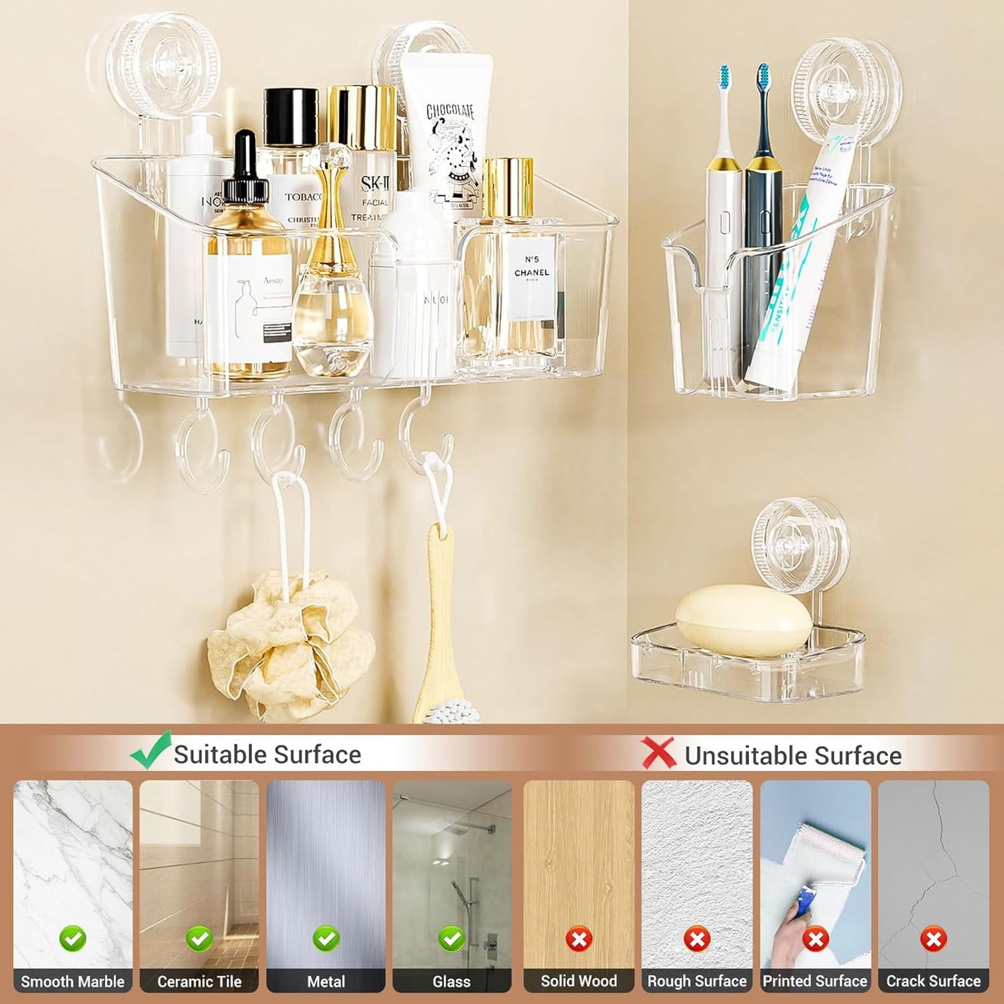 Aship Shower Caddy Set, No-Drill Removable Shower Organizer with Toothbrush Holders & Suction Hooks, 22lb Heavy Duty Waterproof Suction Cup Shower Caddy for Bathroom Kitchen, Clear, 3 Pack Combo