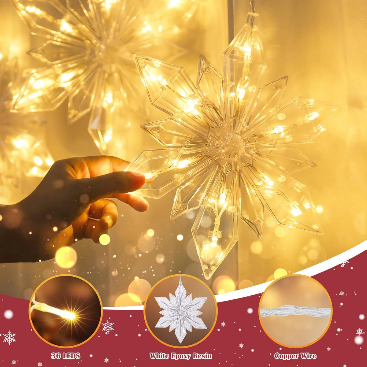 Christmas Snowflakes Window Lights, 3 Pack 36 LEDs Christmas Window Decoration with Timer Memory, Battery Operated Xmas Window Lights Hanging Indoor Decoration