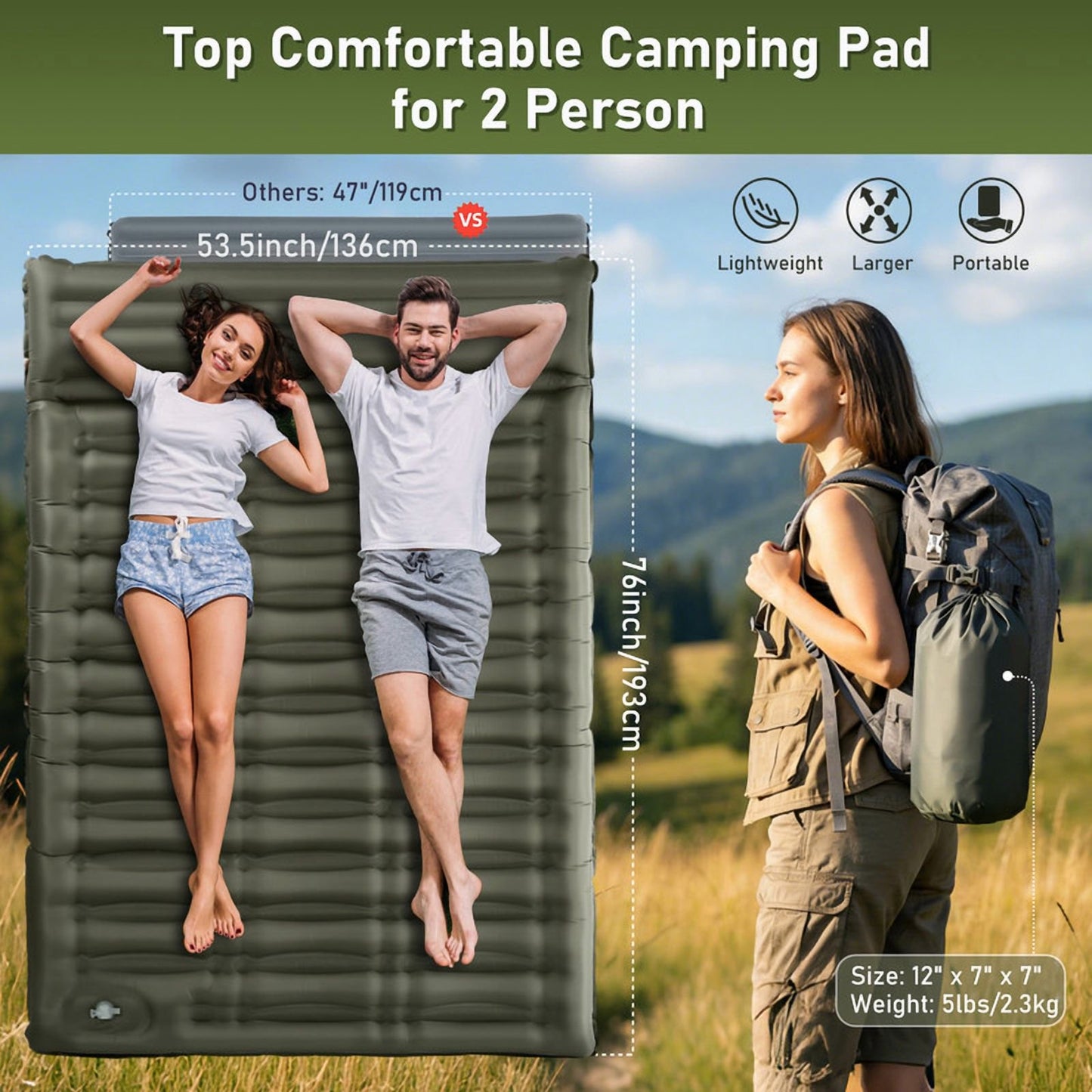 Aship 5.5" Thick Double Sleeping Pad, Inflatable Double Sleeping Mat Camping with Foot Pump & Pillow, 800 lbs Camping Mattress for Backpacking, Hiking, Traveling, Tent, 40D Nylon + TPU Coating, Green