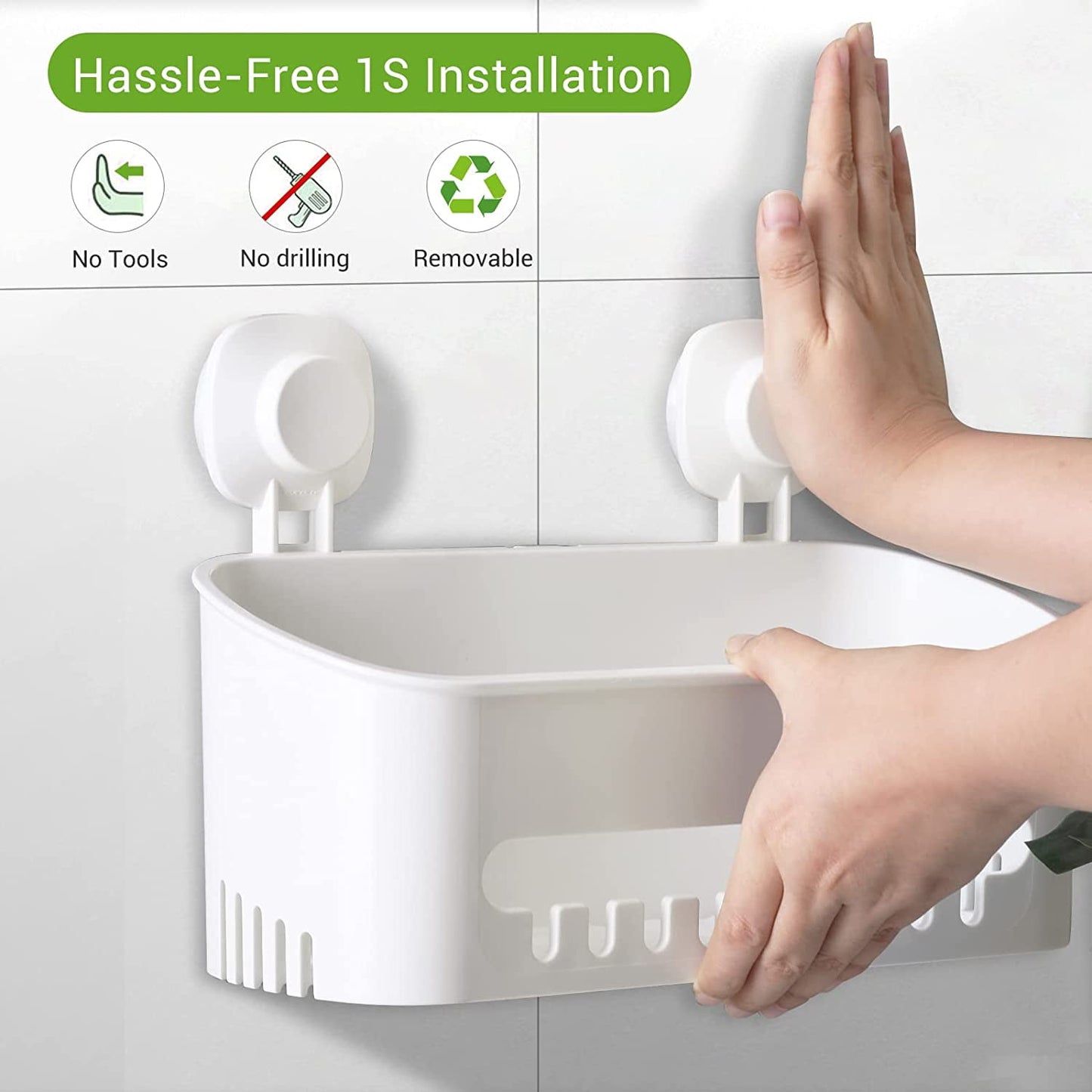 Aship Suction Cup Shower Caddy, No-Drill Removable Shower Organizer with Hook Slots, 22 lbs Heavy Duty Shower Storage, Waterproof Suction Shower Shelf for Bathroom Kitchen Wall, White