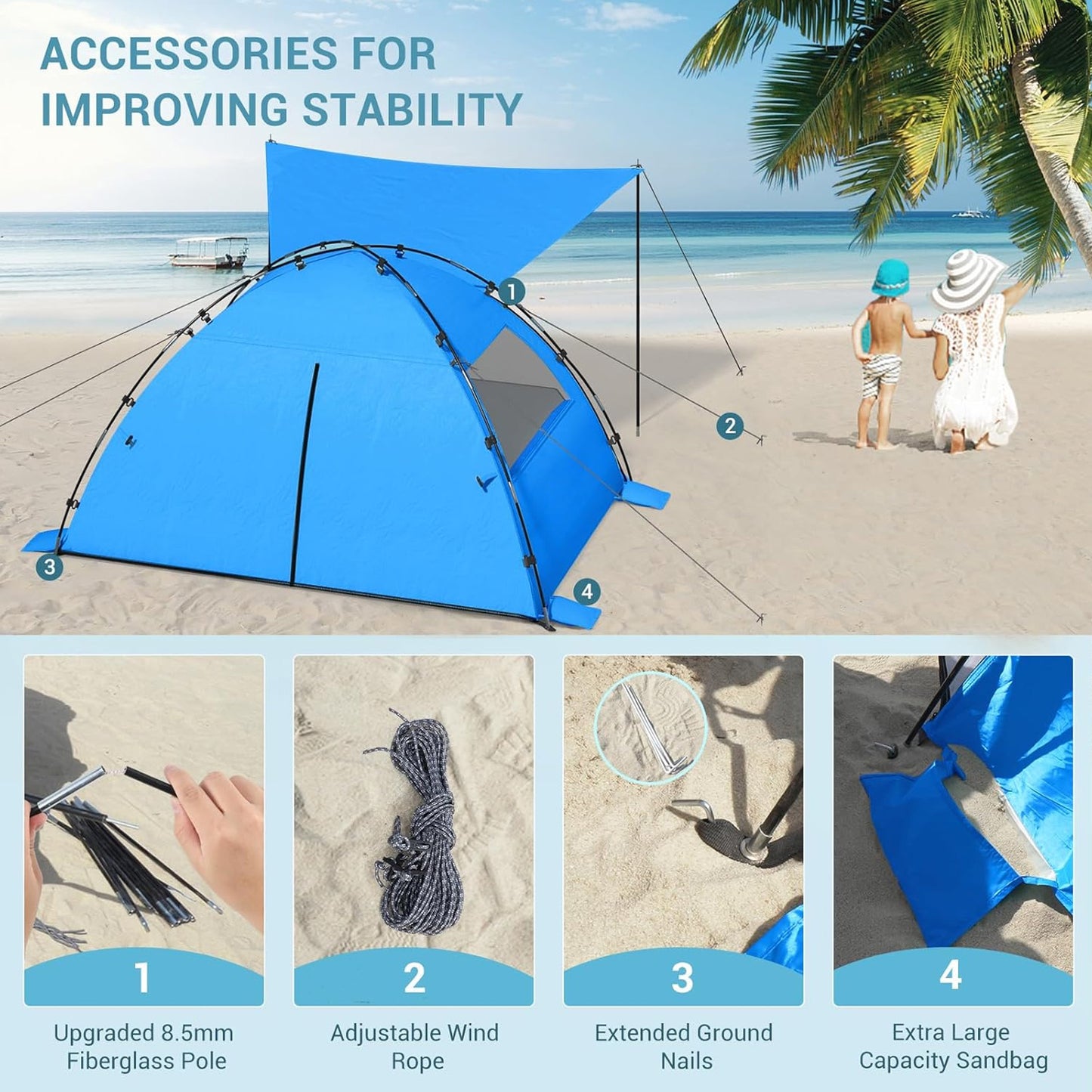 Aship Beach Tent, Spacious 4-5 Person Sun Shelter with Canopy, 360° Air Circulation UPF 50+ UV Protection Waterproof Portable Lightweight Tent for Beach Dark Blue