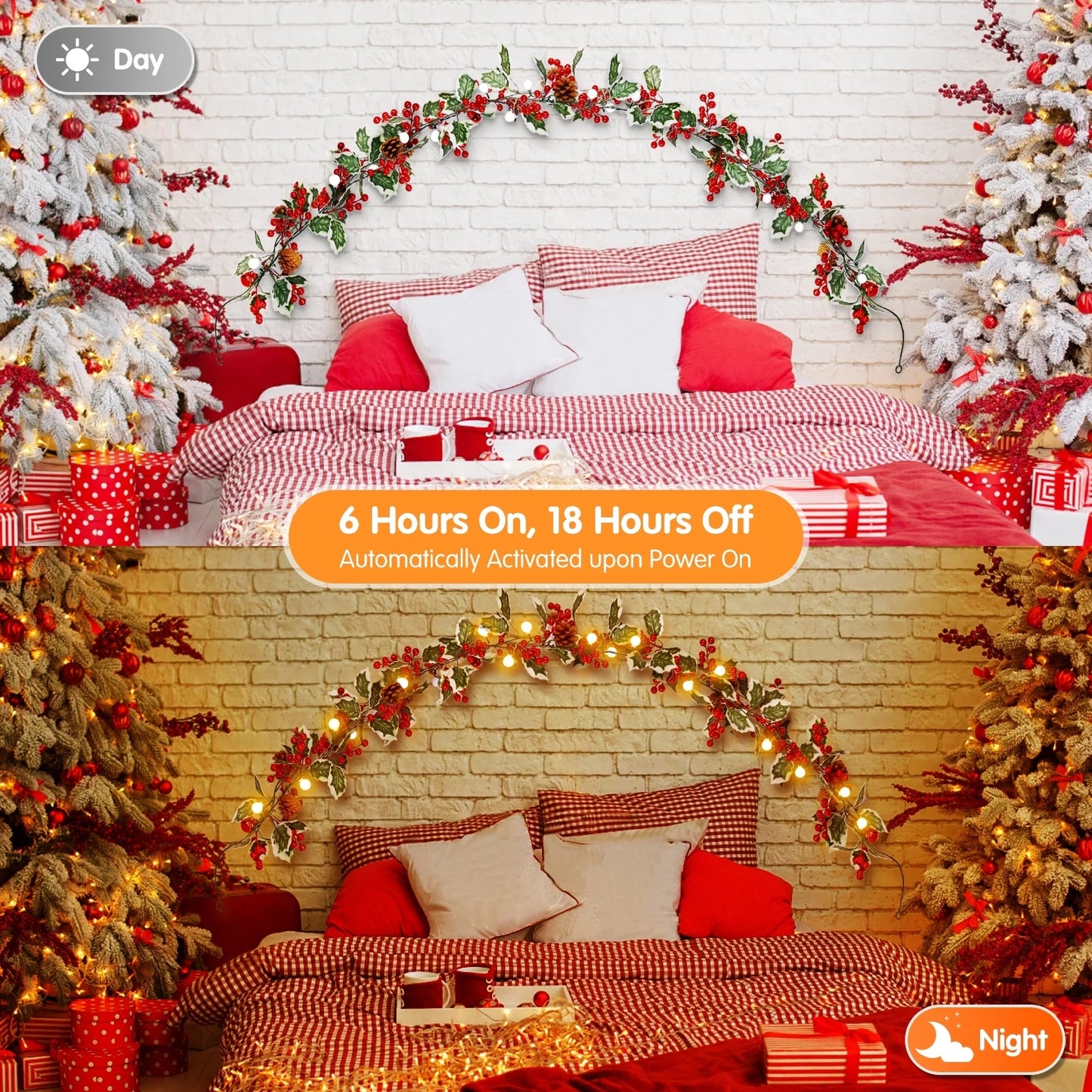 Aship 2 Pack Christmas Garland with Lights, 5.7FT Pre-lit 20 LED Red Berry Garland with 8 Modes & Timer Memory, Artificial Lighted Xmas Garland for Door Mantel Fireplace