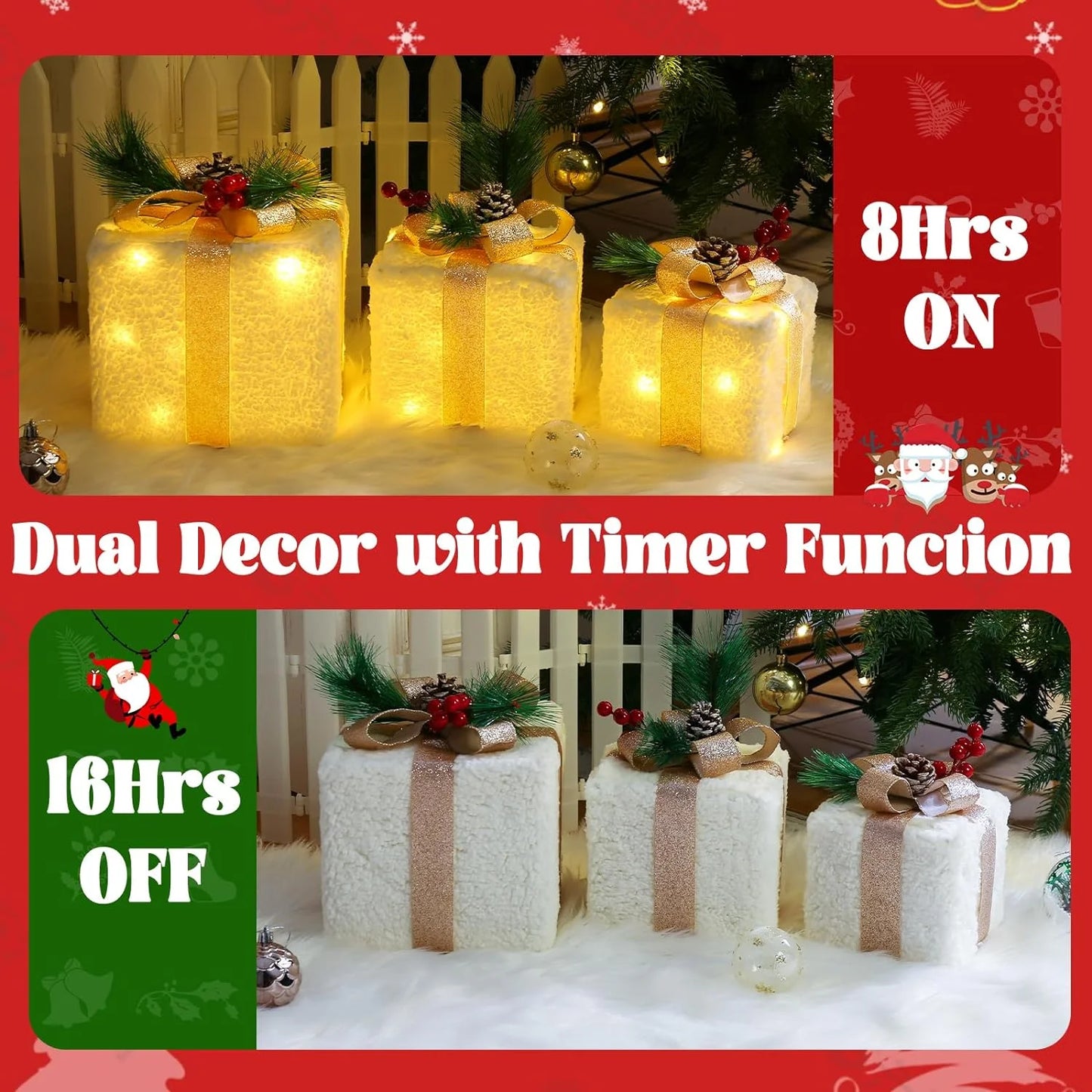 Aship Christmas Lighted Gift Boxes, Set of 3 Lighted UP Gift Boxes with 8 Modes & Timer, Champagne Gold for Indoor Outdoor Tree, Home Holiday Decor
