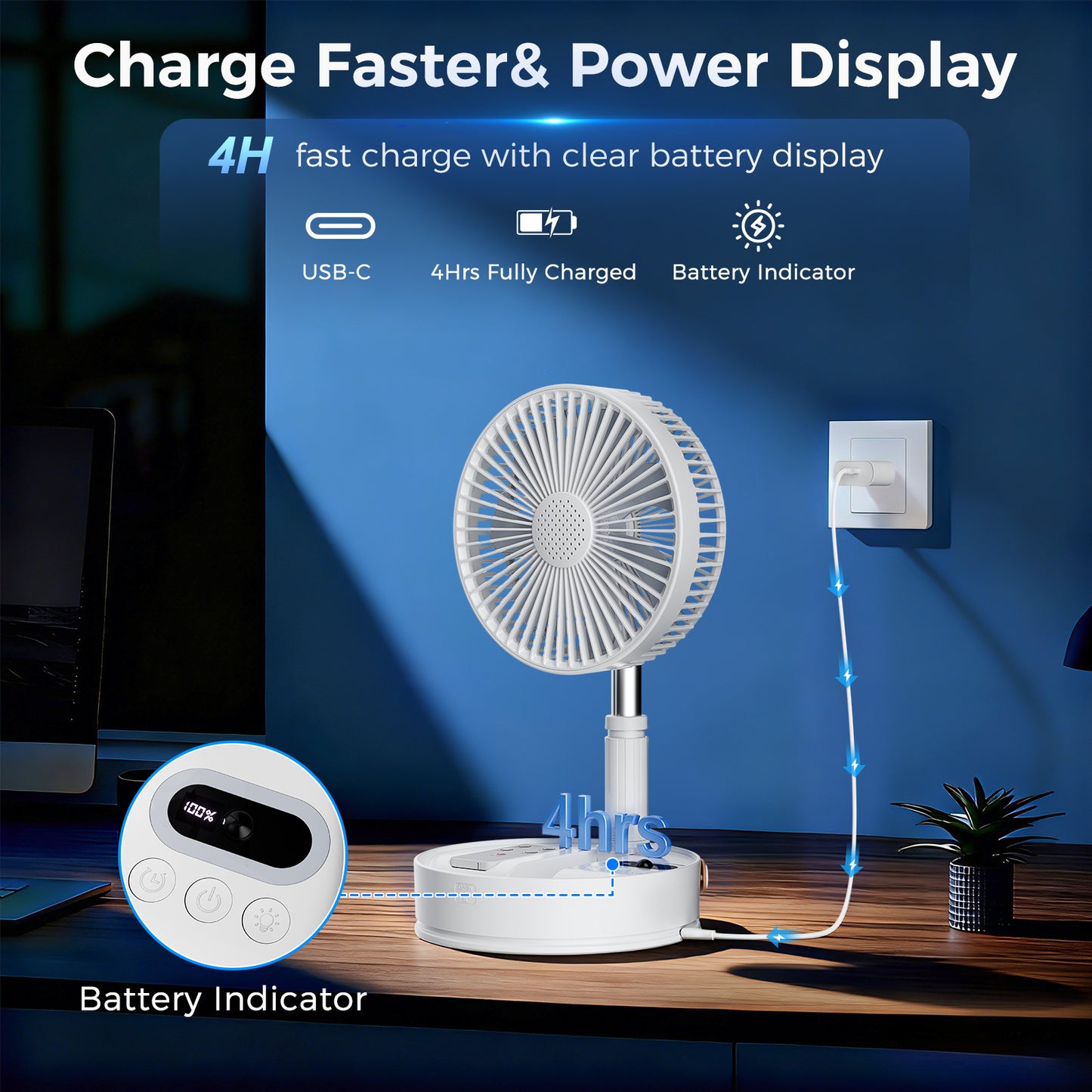 Aship Battery Operated Fan with Remote, 8in Height Adjustable Standing Fan with Night Light & Aroma Diffuser, 4 Speed 7200mAh Rechargeable Pedestal Fan for Bedroom Office Camping Travel