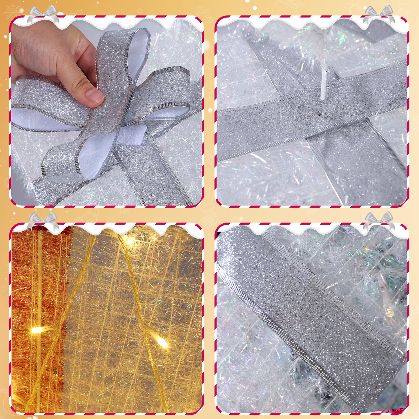 Aship 3D Set of 4 Christmas Lighted Gift Boxes, 70 LED Stackable Light Up Present Boxes for Christmas Tree Indoor Outdoor Yard Lawn Porch Home Decor