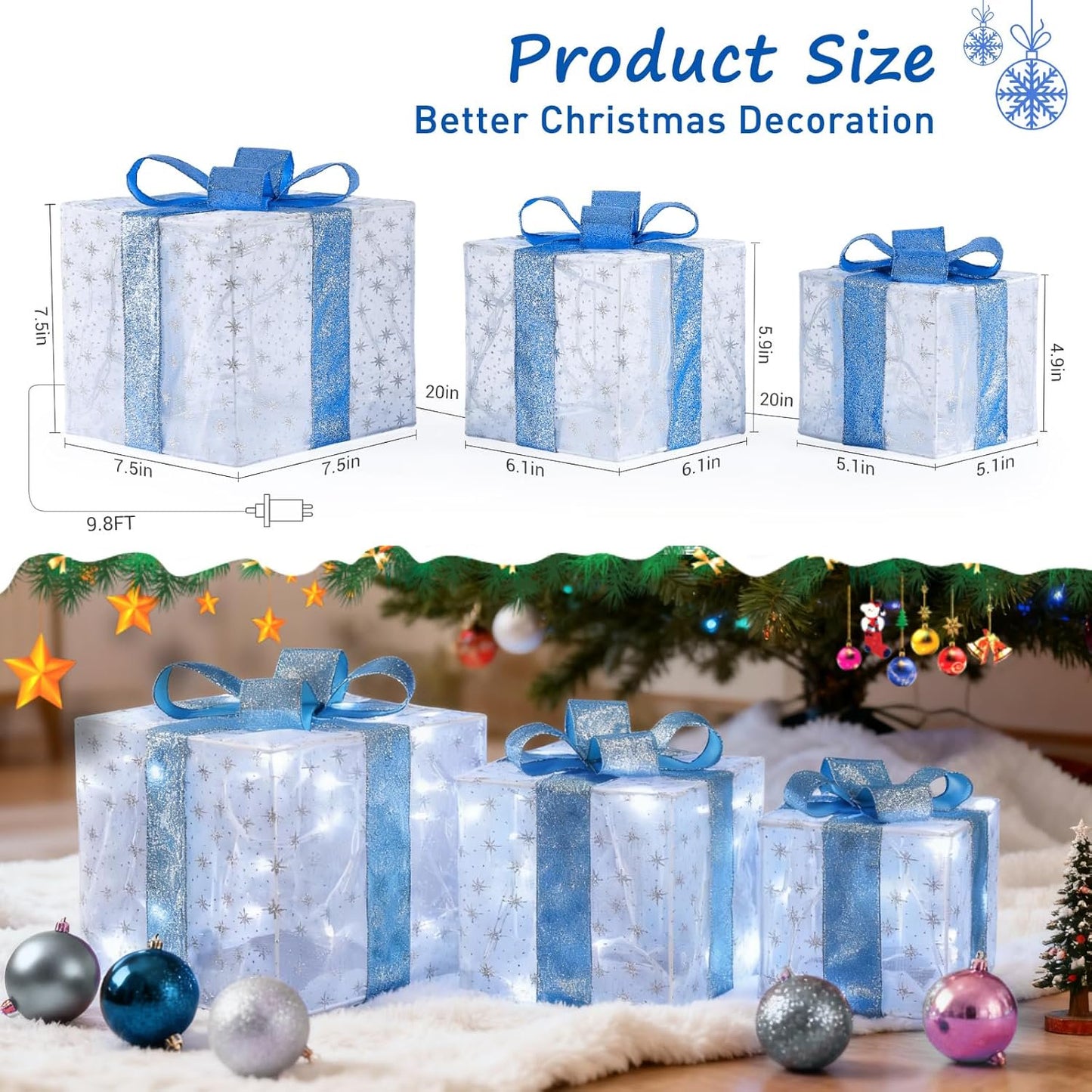 Aship Christmas Lighted Gift Boxes, Lighted Presents with 60 Cold White LEDs, 8 Flash Modes&Timer, Light up Gift Boxes with Plug for Christmas Tree Weddings Party Decorations 3 Pack