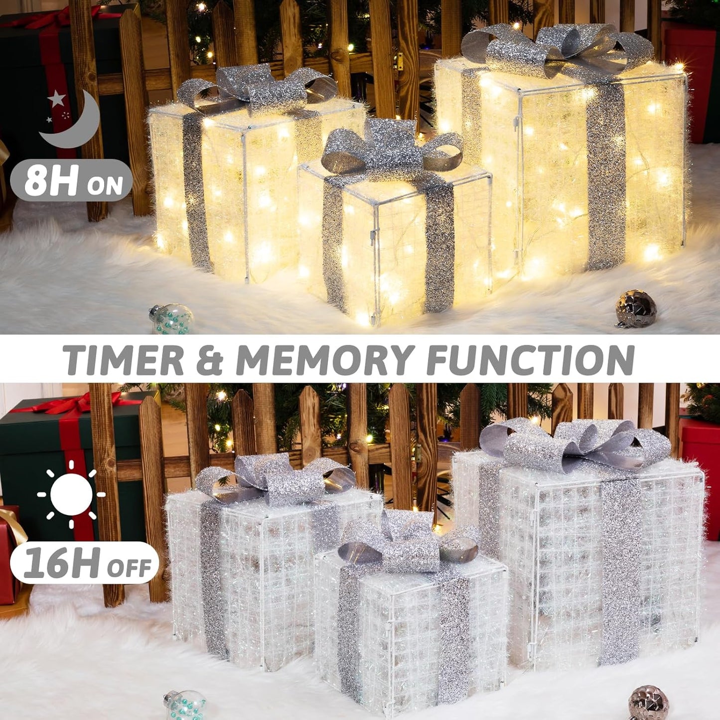 Aship Large Christmas Lighted Gift Boxes with 117 LED Lights, Plug-in Decorative Ornaments for Home, Parties, Holiday Use Perfect for Christmas, Valentine's Day, Birthdays(Silver)