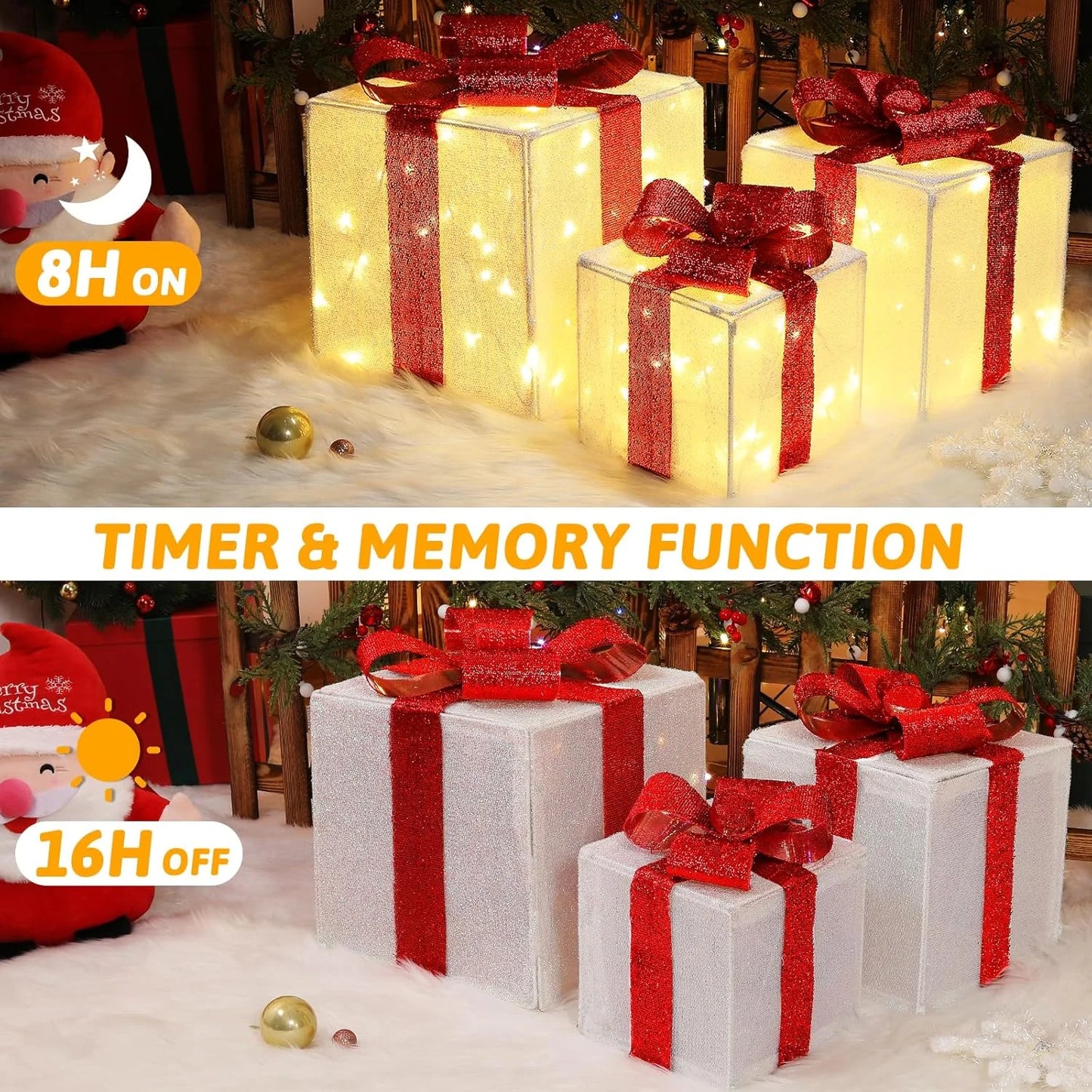 Aship 3XL Christmas Lighted Gift Boxes, 12" Lighted Presents Decorations with 11 Modes & 117LEDs, Light up Gift Boxes with Plug for Christmas Tree Decorations - Red