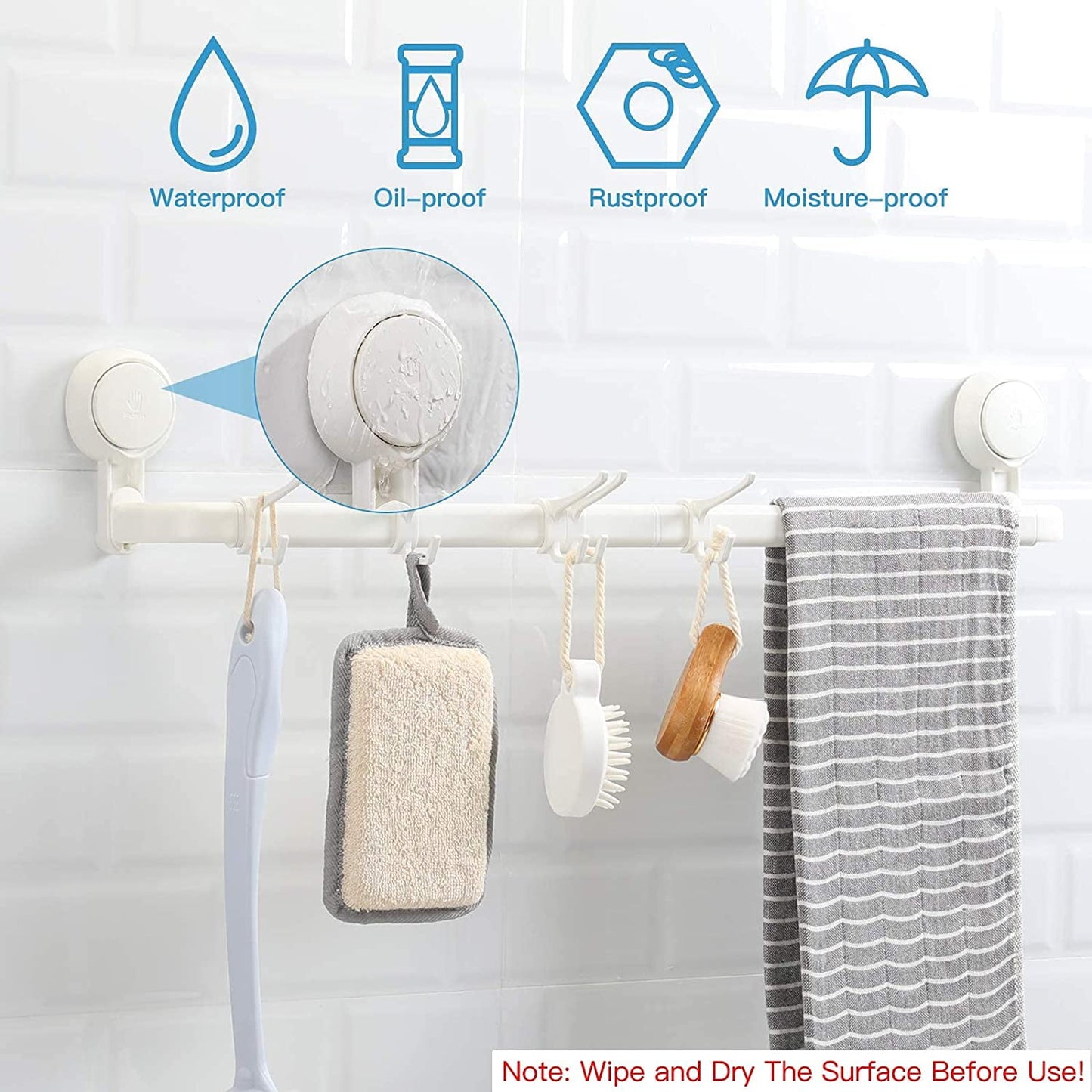 Aship Suction Cup Towel Bar, 24'' Adjustable Bathroom Towel Holder, No-Drill Removable Towel Rack with 5 Sliding Shower Hooks, Towel Racks for Bathroom, Bath Sponges, Loofahs, Suction Towel Rod