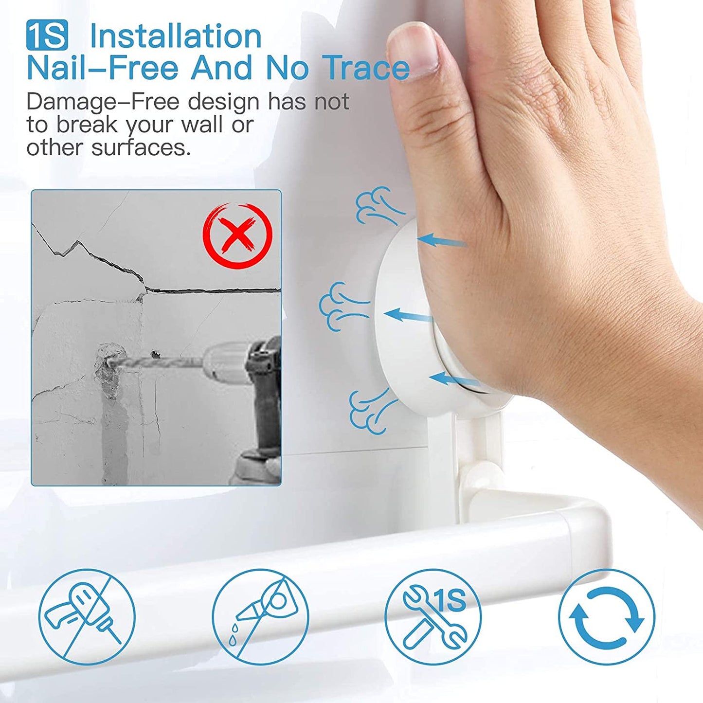 Aship Suction Cup Towel Bar, 24'' Adjustable Bathroom Towel Holder, No-Drill Removable Towel Rack with 5 Sliding Shower Hooks, Towel Racks for Bathroom, Bath Sponges, Loofahs, Suction Towel Rod