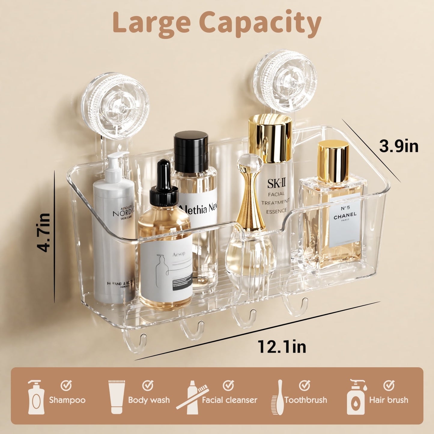 Aship Suction Cup Shower Caddy, No-Drill Removable Shower Organizer with 4 Movable Hooks & Drainage, 22lb Heavy Duty Waterproof Shower Storage for Bathroom Kitchen, Clear Suction Shower Caddy