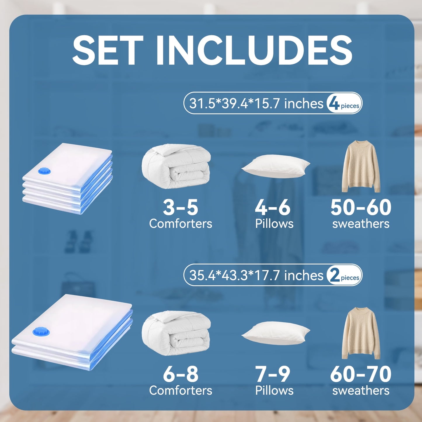 Aship Cube Vacuum Storage Bags, 6 pack Space Saver Bags Combo (2 Super Jumbo + 4 Jumbo + Hand Pump), Large Capacity Vacuum Seal Bags for Clothing Pillows Comforters Quilts Blankets, Closet Storage