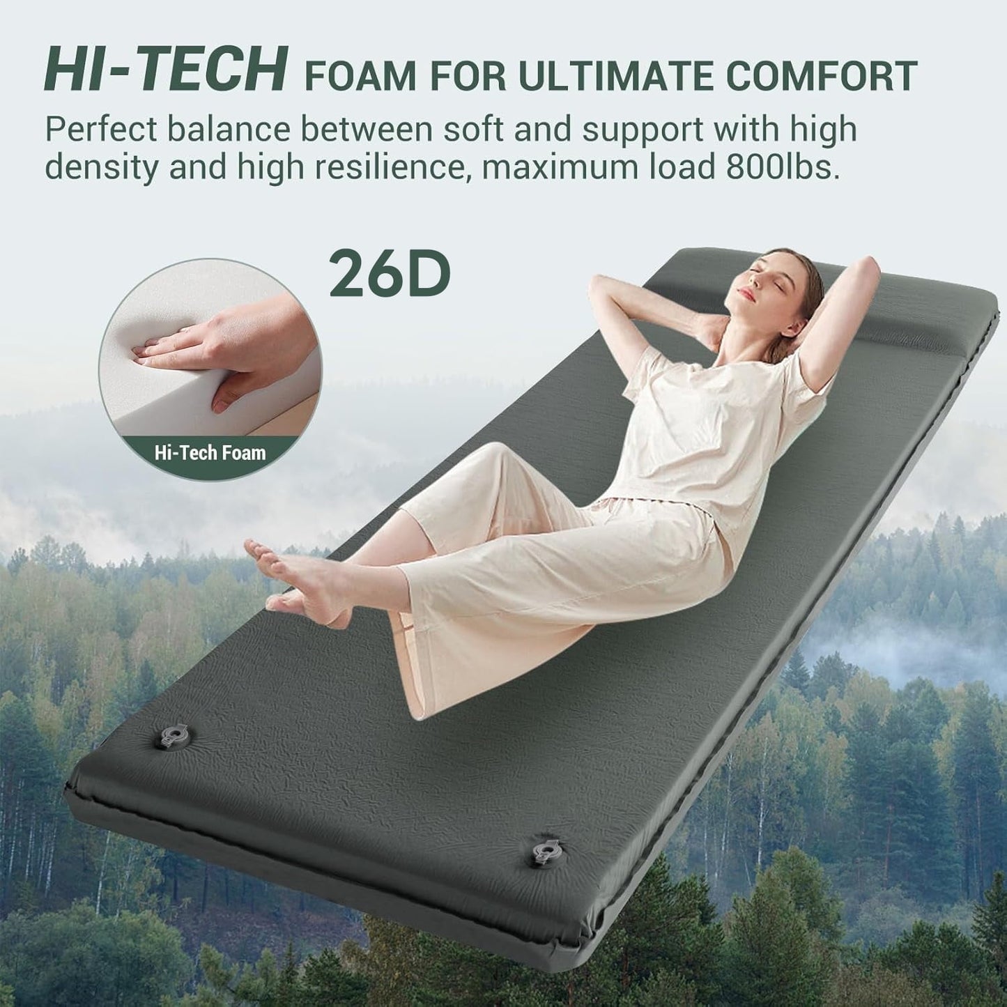Aship 26D Memory Foam Self Inflating Sleeping Pad, 3.15" Thick Sleeping Mat Camping with Pillow, 800 lbs Camping Mattress, R-Value 9.5 Sleeping Pad for Camping Travel, 27''x77'' Single, Gray