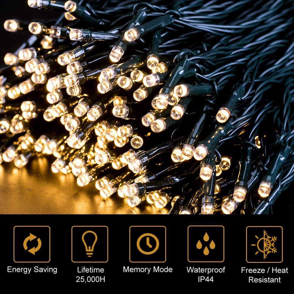 Aship 131ft Bright Christmas Lights Rechargeable, 300 Warm White LED Christmas String Lights with Timer & 8 Modes, IP44 Waterproof Christmas Decorations for Indoor Outdoor Xmas Party Yard Garden