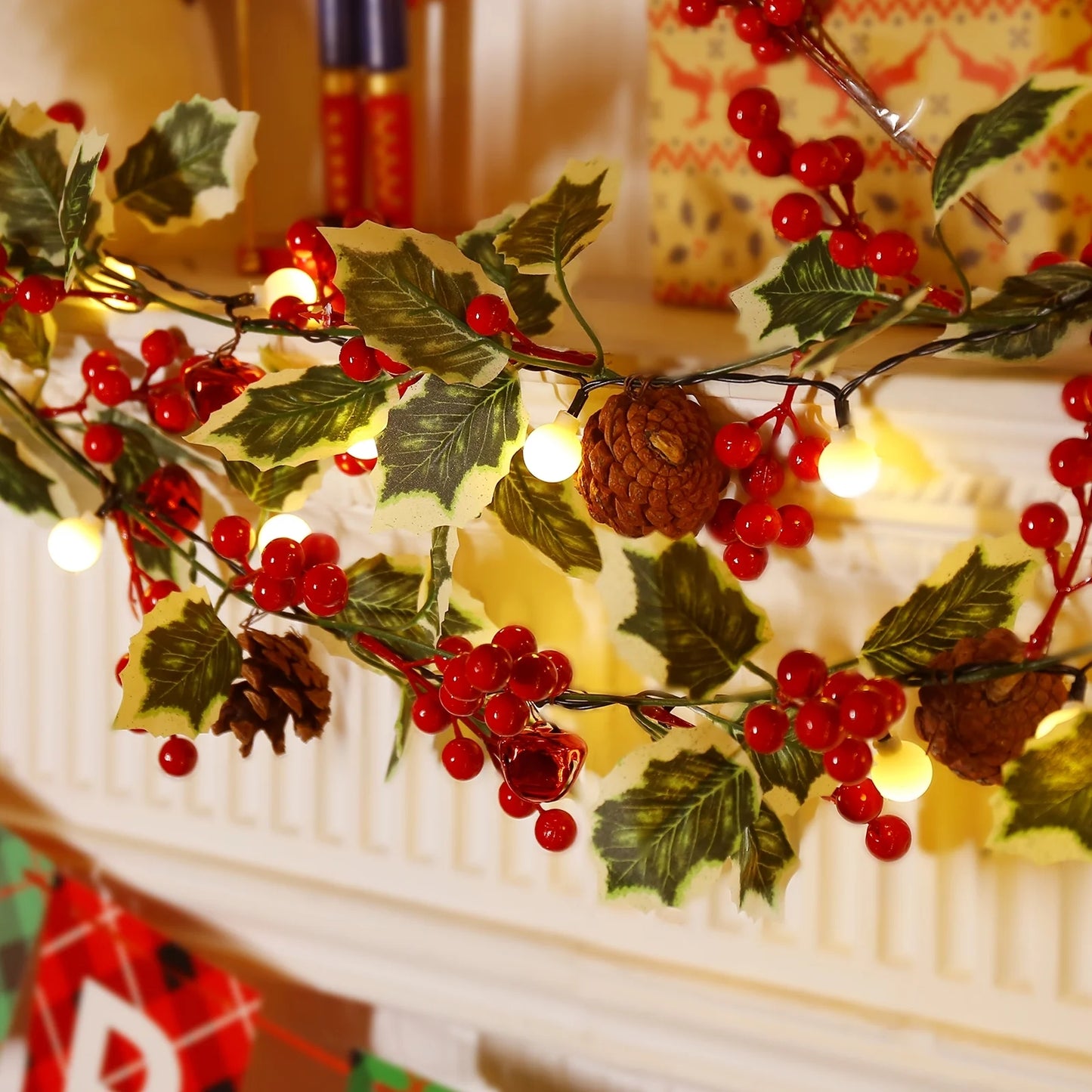 Aship 2 Pack Christmas Garland with Lights, 5.7FT Pre-lit 20 LED Red Berry Garland with 8 Modes & Timer Memory, Artificial Lighted Xmas Garland for Door Mantel Fireplace