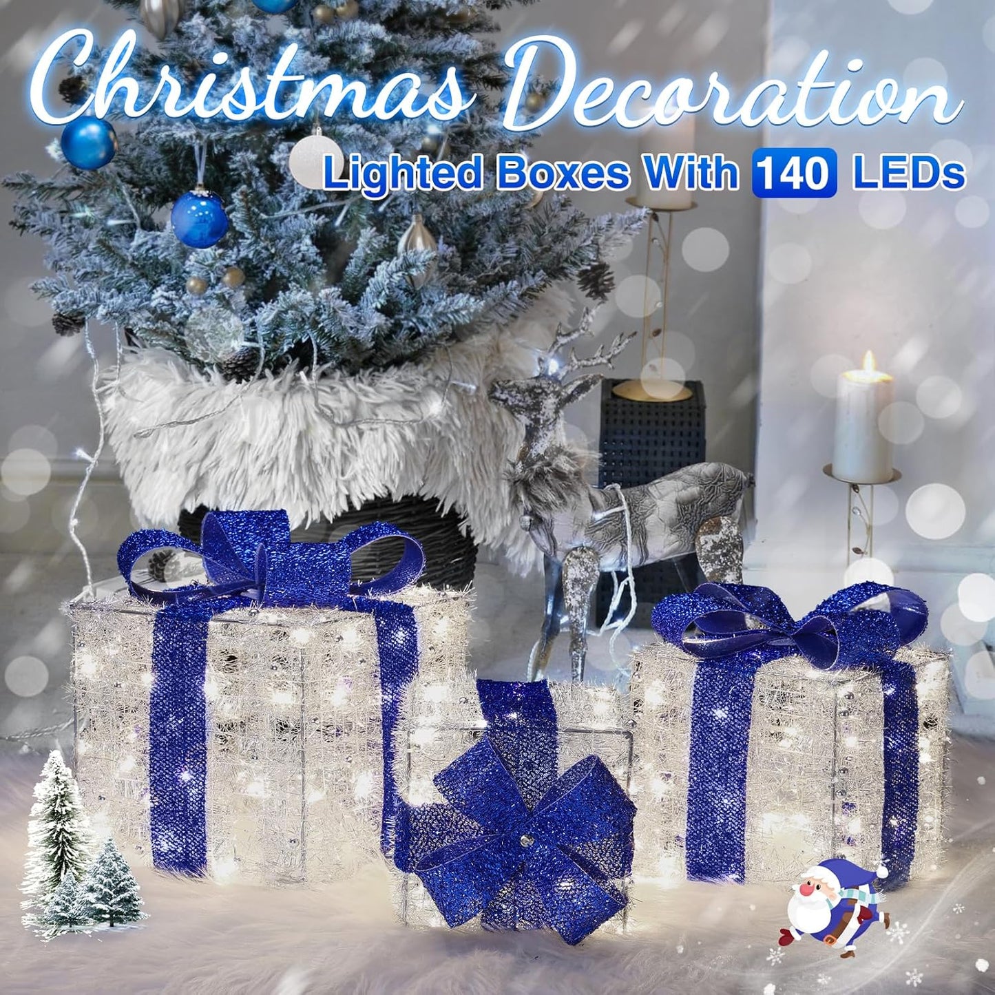 Aship Christmas Lighted Gift Boxes Blue, 8 Modes & Timing Function, Set of 3 Plug-in Lighted Gift Boxes with 140 LEDs for Christmas Decorations, Home Indoor Decor Party