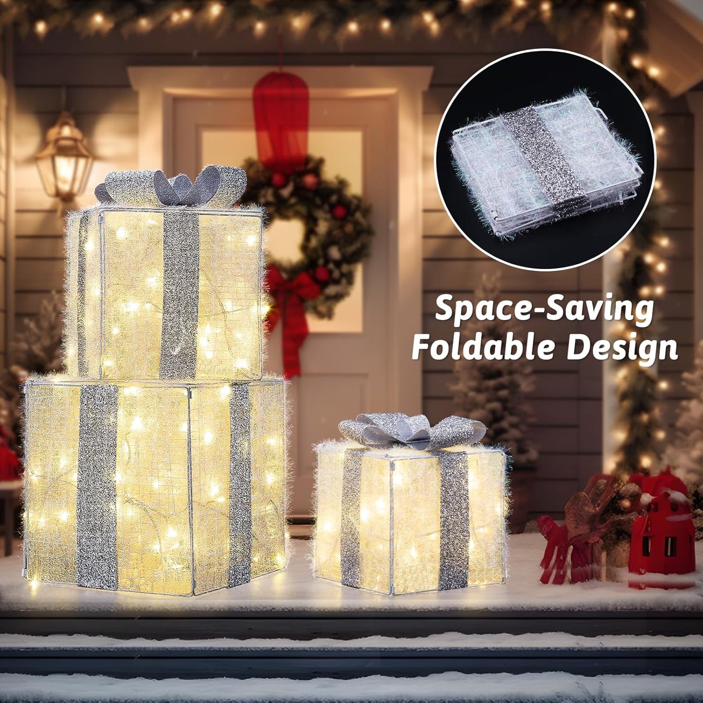 Aship Large Christmas Lighted Gift Boxes with 117 LED Lights, Plug-in Decorative Ornaments for Home, Parties, Holiday Use Perfect for Christmas, Valentine's Day, Birthdays(Silver)
