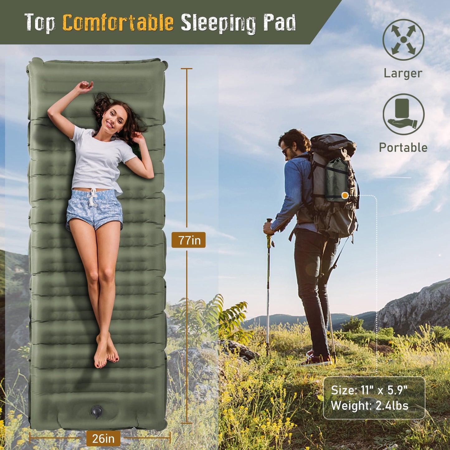 Aship 4.7" Thick Sleeping Pad for Camping, 500 lbs Camping Mattress with Foot Pump & Pillow, Upgraded Support Sleeping Mat Camping for Hiking Tent Backpack, 40D Nylon + TPU Coating, Single, Green