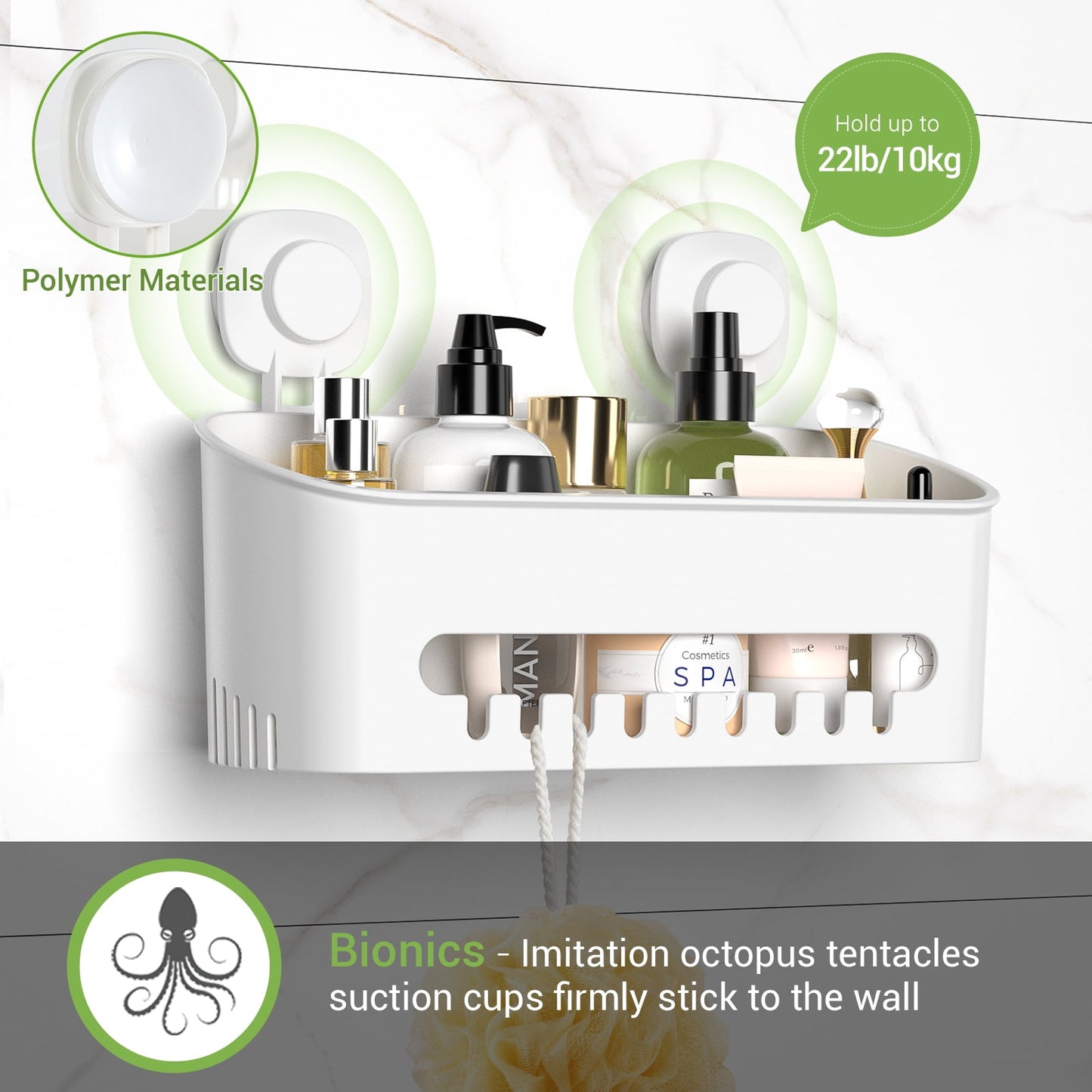 Aship Suction Cup Shower Caddy, No-Drill Removable Shower Organizer with Hook Slots, 22 lbs Heavy Duty Shower Storage, Waterproof Suction Shower Shelf for Bathroom Kitchen Wall, White