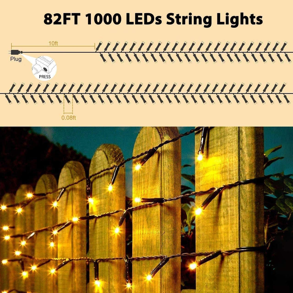 82FT Christmas String Lights 1000 LED, Outdoor Waterproof Christmas Lights with 8 Modes, Warm White Plug in Christmas Lights for Tree Xmas Holiday Wedding Party Decor