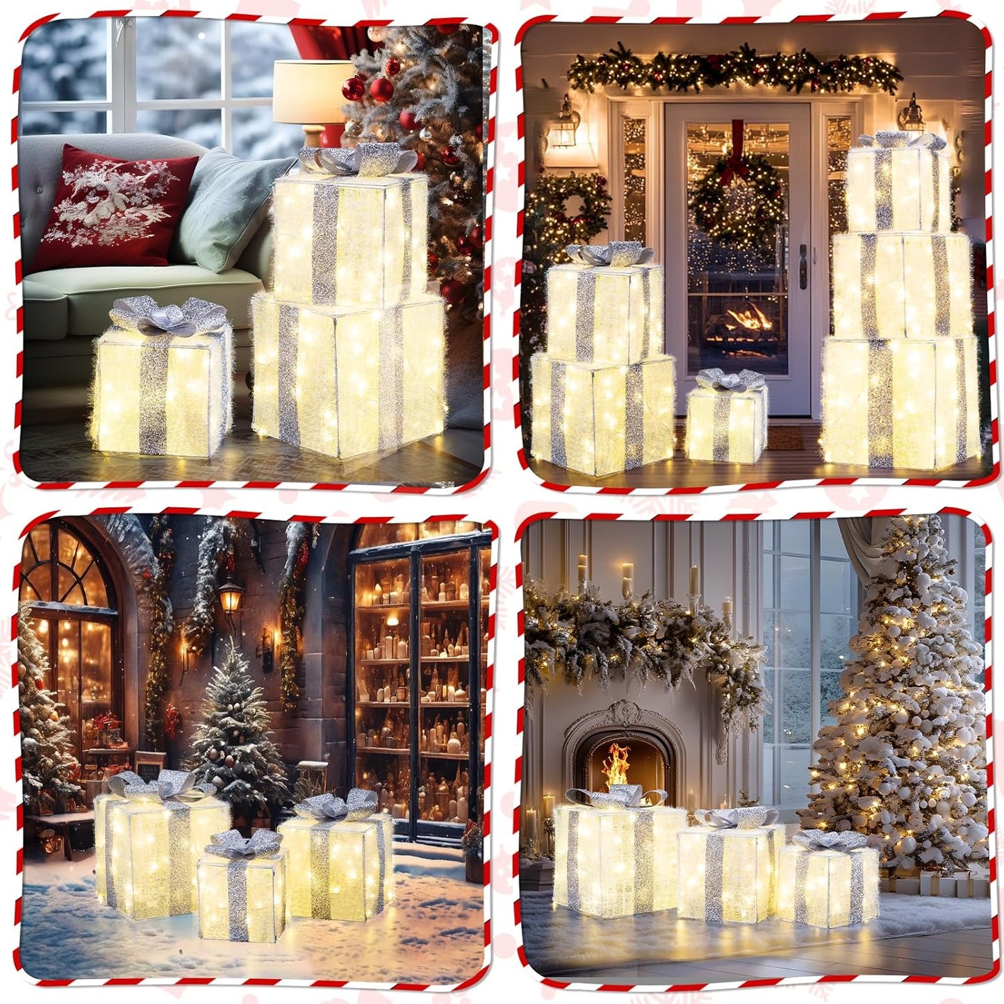 Aship Large Christmas Lighted Gift Boxes with 117 LED Lights, Plug-in Decorative Ornaments for Home, Parties, Holiday Use Perfect for Christmas, Valentine's Day, Birthdays(Silver)