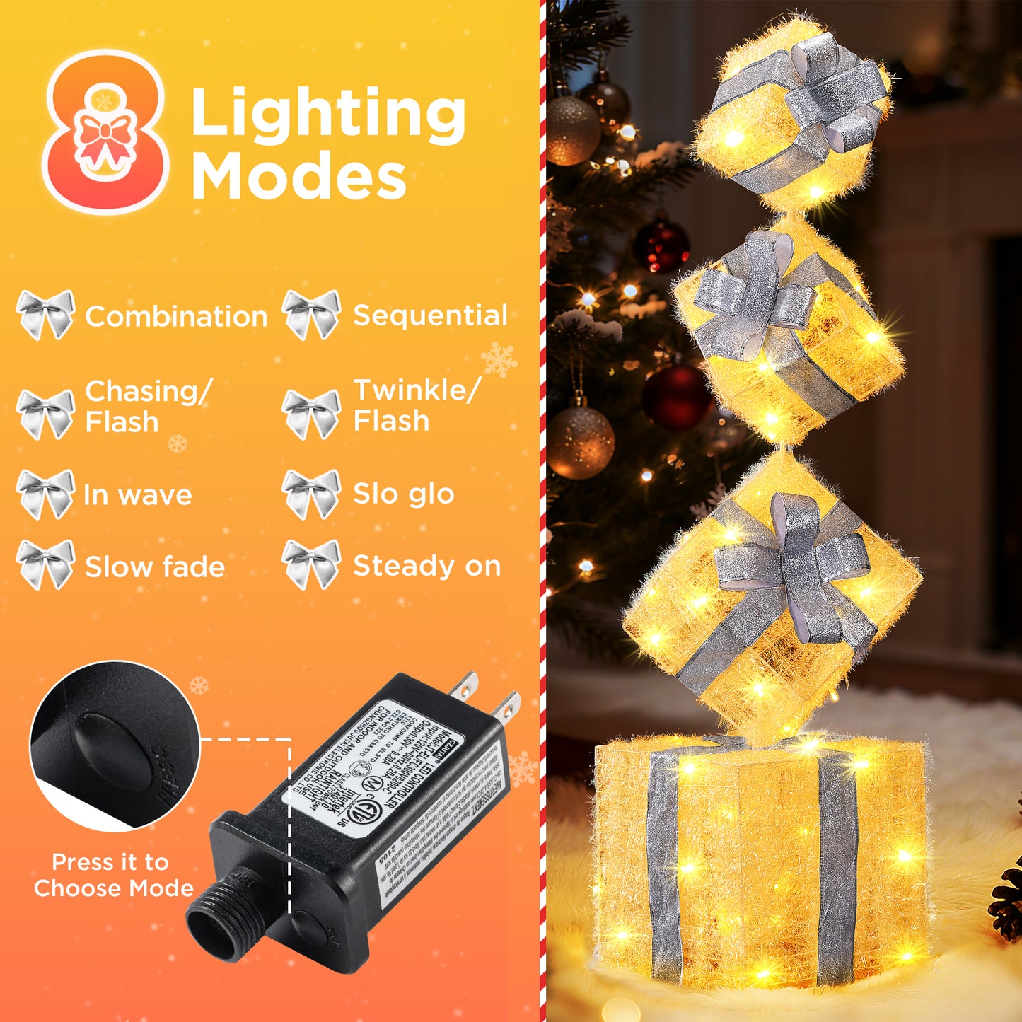 Aship 3D Set of 4 Christmas Lighted Gift Boxes, 70 LED Stackable Light Up Present Boxes for Christmas Tree Indoor Outdoor Yard Lawn Porch Home Decor