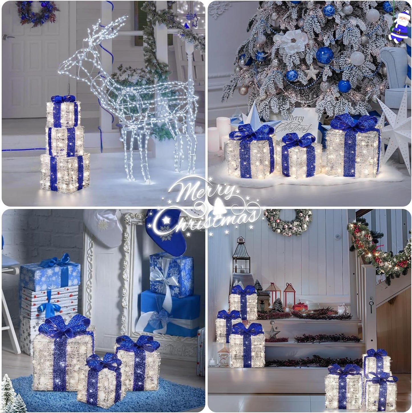 Aship Christmas Lighted Gift Boxes Blue, 8 Modes & Timing Function, Set of 3 Plug-in Lighted Gift Boxes with 140 LEDs for Christmas Decorations, Home Indoor Decor Party