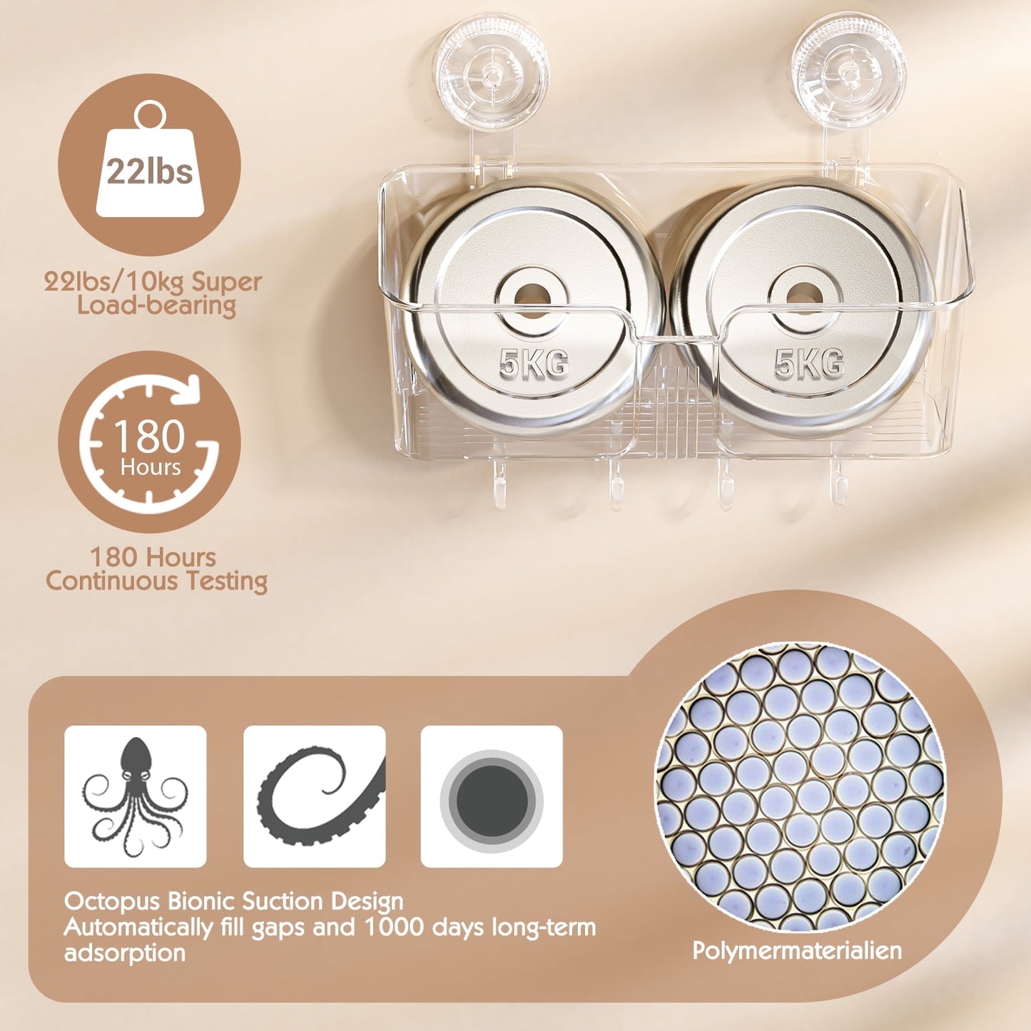 Aship Suction Cup Shower Caddy, No-Drill Removable Shower Organizer with 4 Movable Hooks & Drainage, 22lb Heavy Duty Waterproof Shower Storage for Bathroom Kitchen, Clear Suction Shower Caddy