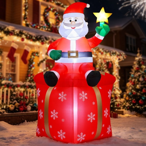 8 FT Christmas Inflatables Santa Claus Sitting On Gift Box, Aship Giant Blow up Santa Yard Decor with Bright LED Lights & Glowing Star Wand, Weatherproof Christmas Decorations for Garden Patio Lawn