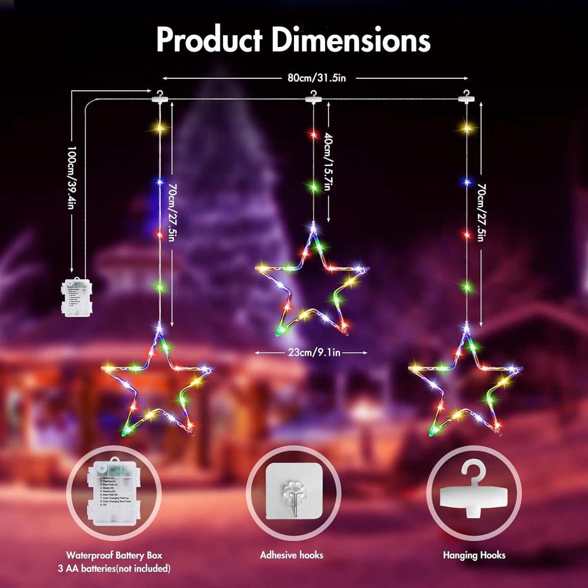 Christmas Window Lights, Color Changing 60LED 3 Stars Christmas Curtain Lights with Timer and 8 Mode, Battery Operated Xmas Star Lights Indoor Outdoor for Bedroom Wall