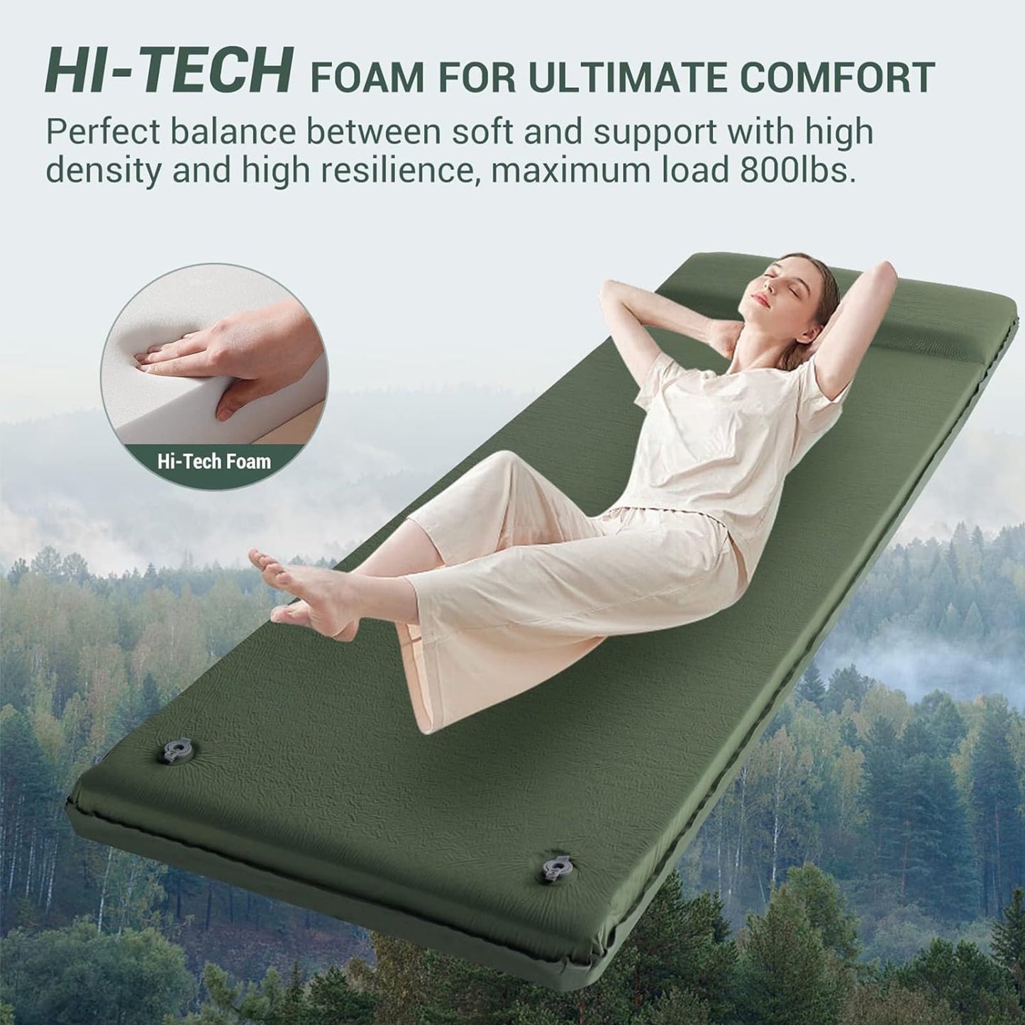 Aship 26D Memory Foam Self Inflating Sleeping Pad, 3.15" Thick Sleeping Mat Camping with Pillow, 800 lbs Camping Mattress, R-Value 9.5 Sleeping Pad for Camping Travel, 27''x77'' Single, Army Green