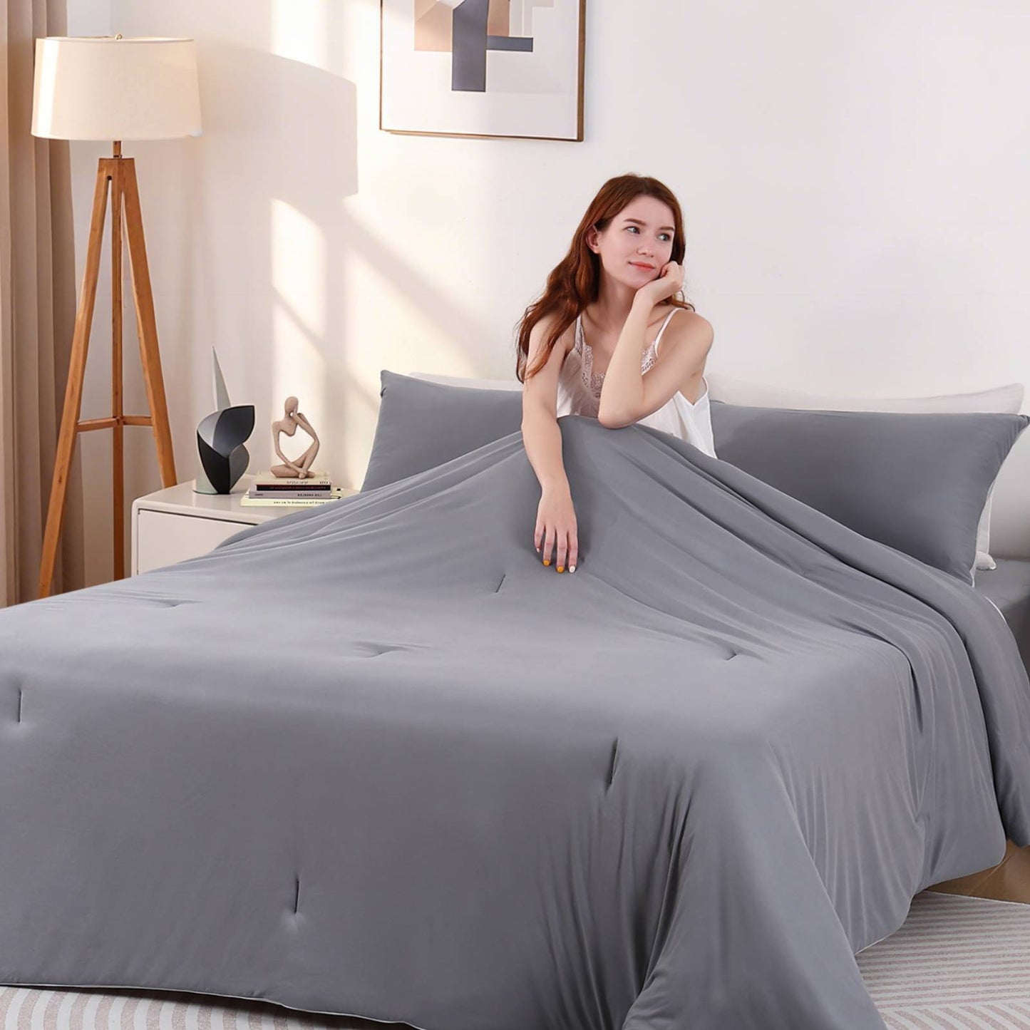 Aship Queen Comforter Set, 3Pcs Cozycash PCM Bedding Set with Temperature Regulating for All Season, Reversible Skin-friendly Bedding, 1Comforter & 2 Pillowcases Beige