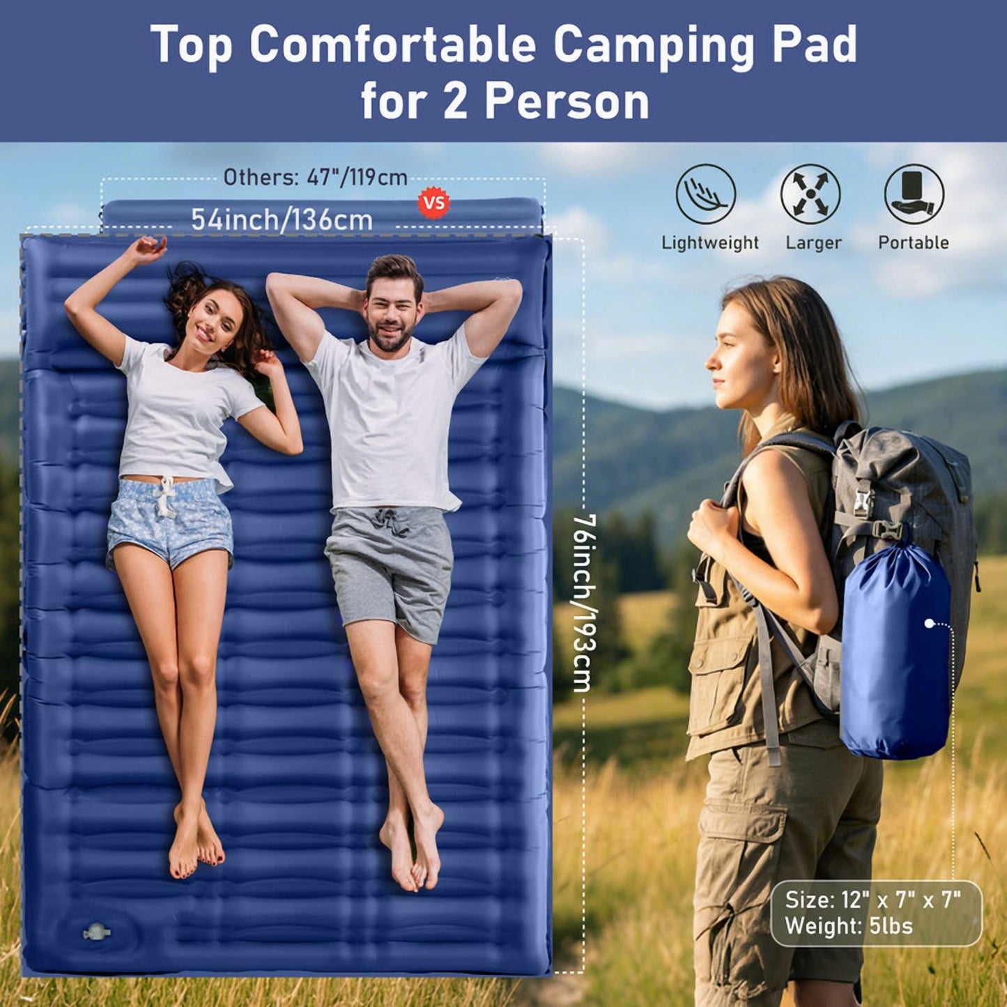 Aship 5.5" Thick Double Sleeping Pad, Inflatable Double Sleeping Mat Camping with Foot Pump & Pillow, 800 lbs Camping Mattress for Backpacking, Hiking, Traveling, Tent, 40D Nylon + TPU Coating, Blue