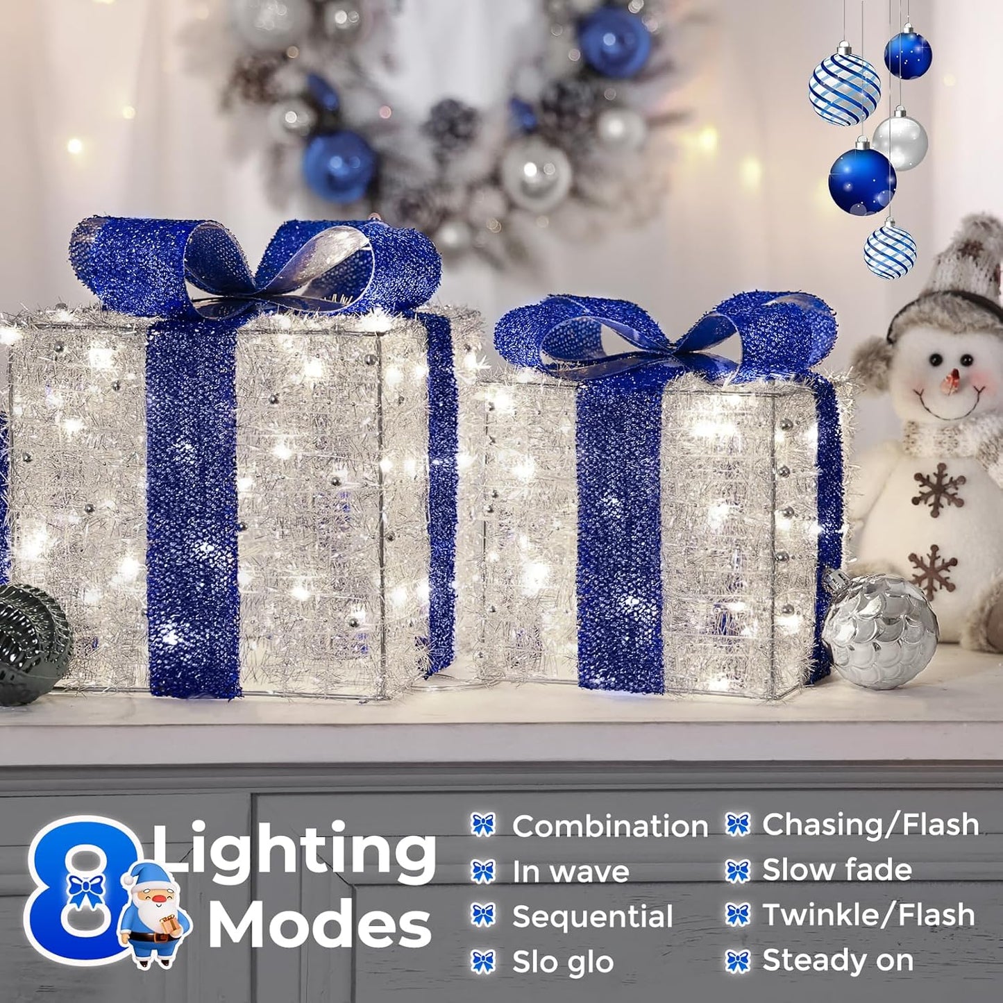 Aship Christmas Lighted Gift Boxes Blue, 8 Modes & Timing Function, Set of 3 Plug-in Lighted Gift Boxes with 140 LEDs for Christmas Decorations, Home Indoor Decor Party