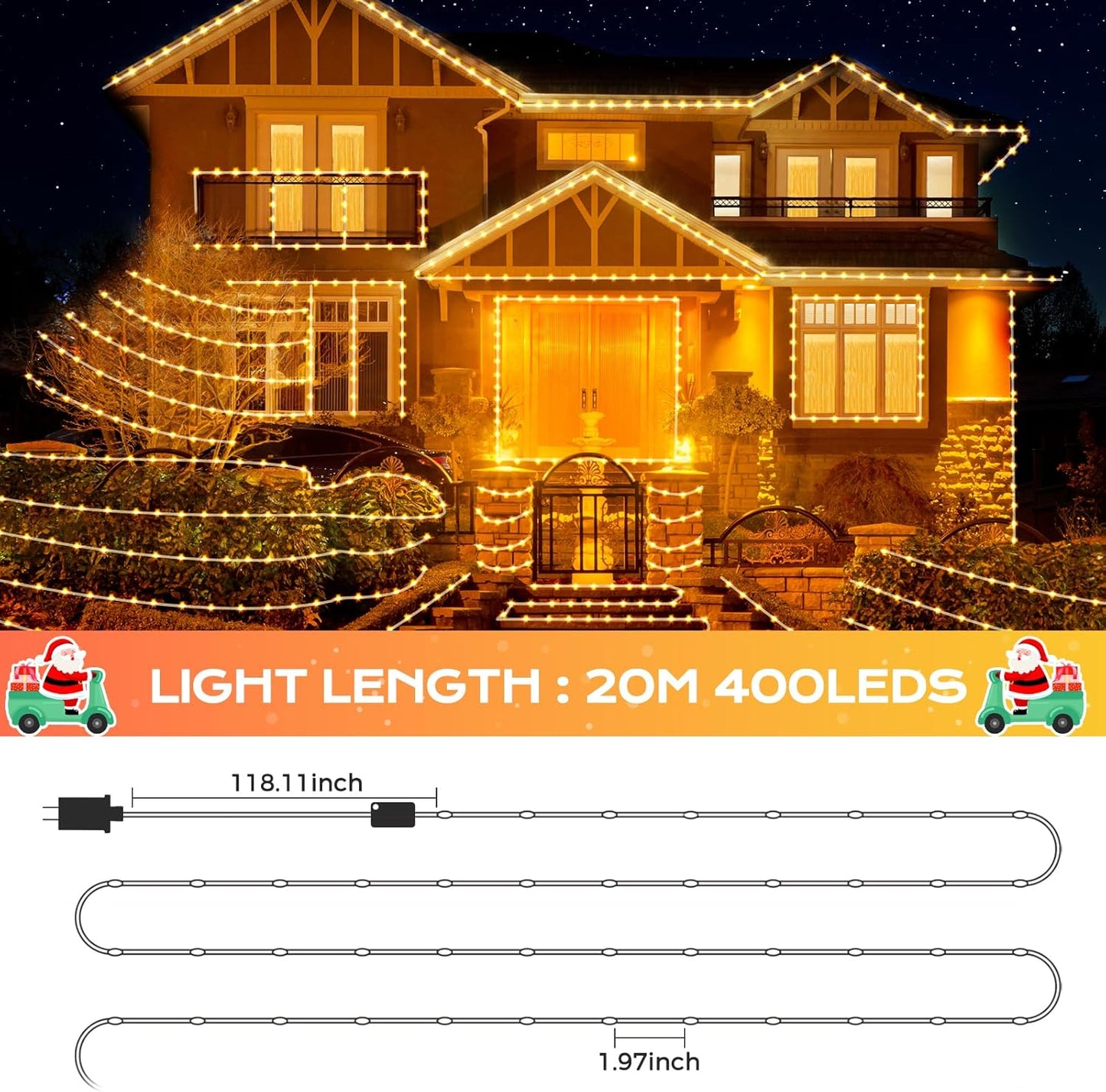 Aship LED Christmas Lights 65FT, 400LED 9 Modes Chasing Waterproof Clear Wire Christmas Tree Lights, Ultra-Bright Plug in Xmas Strip Lights for Outdoor Indoor House Holiday Decor