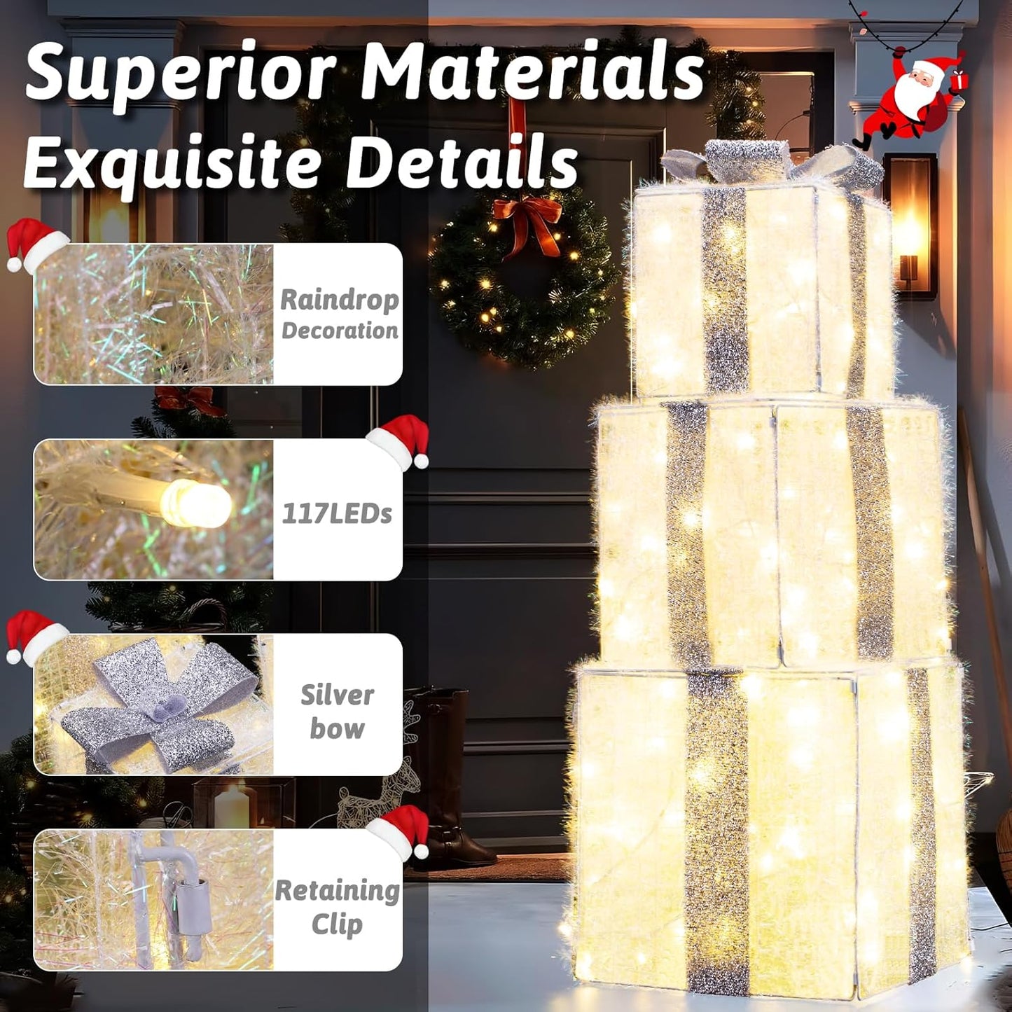 Aship Large Christmas Lighted Gift Boxes with 117 LED Lights, Plug-in Decorative Ornaments for Home, Parties, Holiday Use Perfect for Christmas, Valentine's Day, Birthdays(Silver)