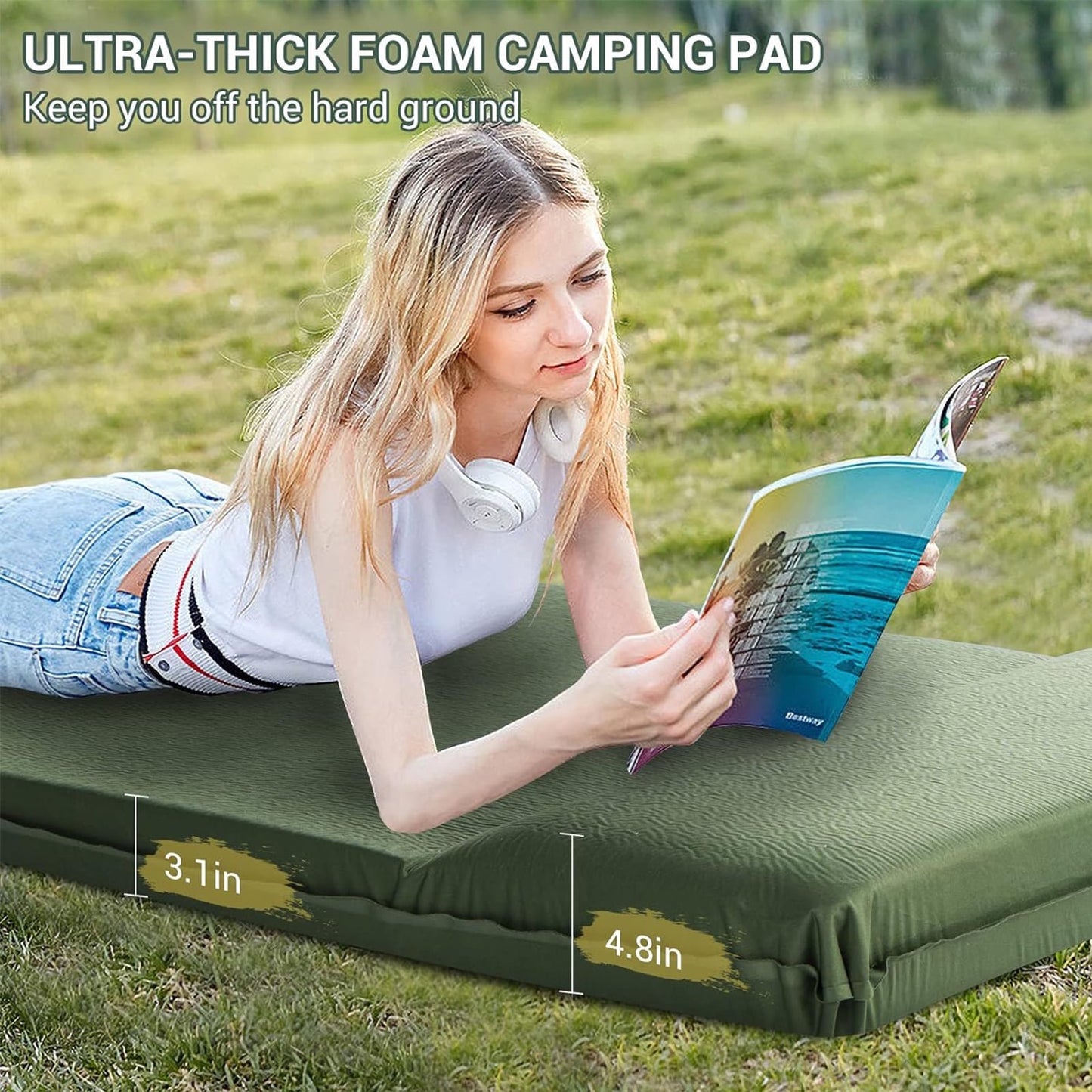 Aship 26D Memory Foam Self Inflating Sleeping Pad, 3.15" Thick Sleeping Mat Camping with Pillow, 800 lbs Camping Mattress, R-Value 9.5 Sleeping Pad for Camping Travel, 27''x77'' Single, Army Green