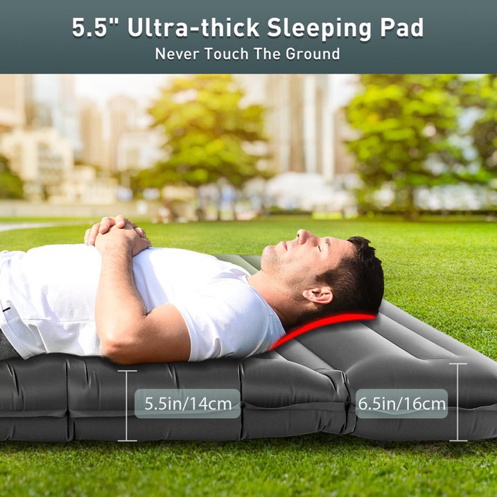 Aship 5.5" Thick Double Sleeping Pad, Inflatable Double Sleeping Mat Camping with Foot Pump & Pillow, 800 lbs Camping Mattress for Backpacking, Hiking, Traveling, Tent, 40D Nylon + TPU Coating, Gray